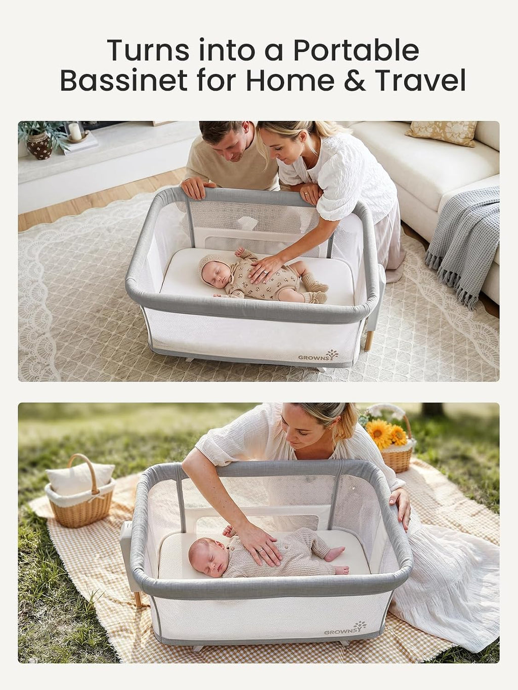 GROWNSY 5-in-1 Baby Bassinet Bedside Sleeper with Gentle Manual Rocking