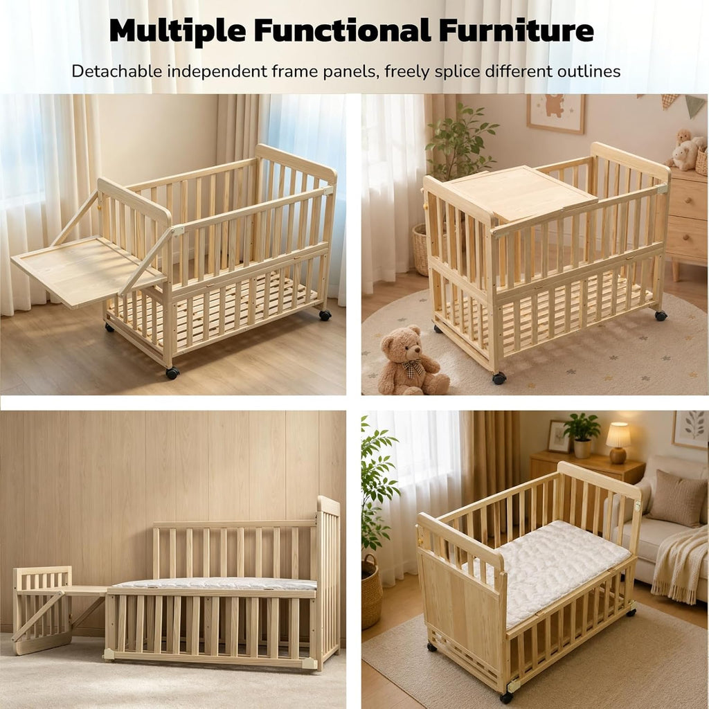 Baby Bassinets for Newborns, Solid Wood Mini Baby Crib, Natural