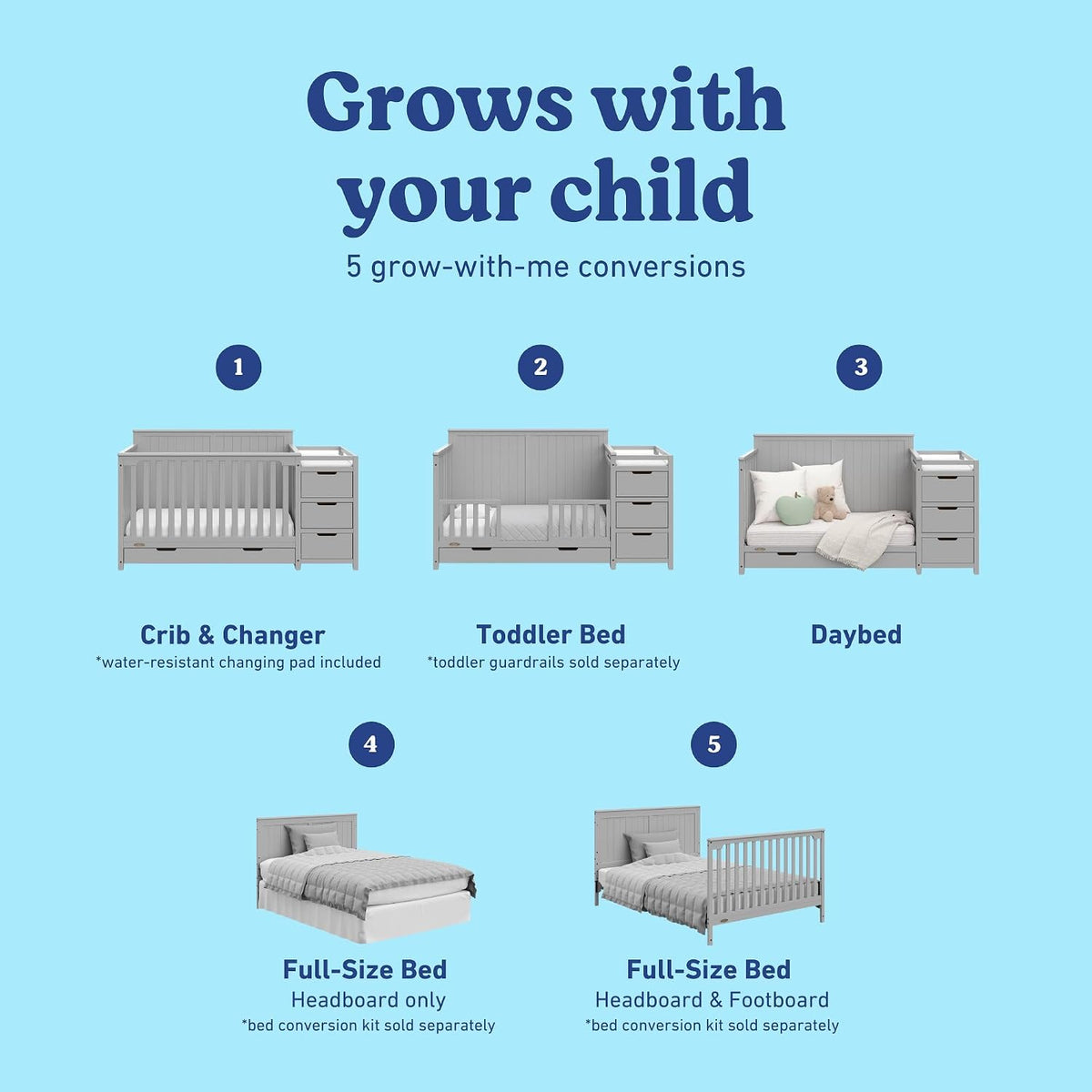 Graco Hadley 5-in-1 Convertible Crib & Changer, Pebble Gray