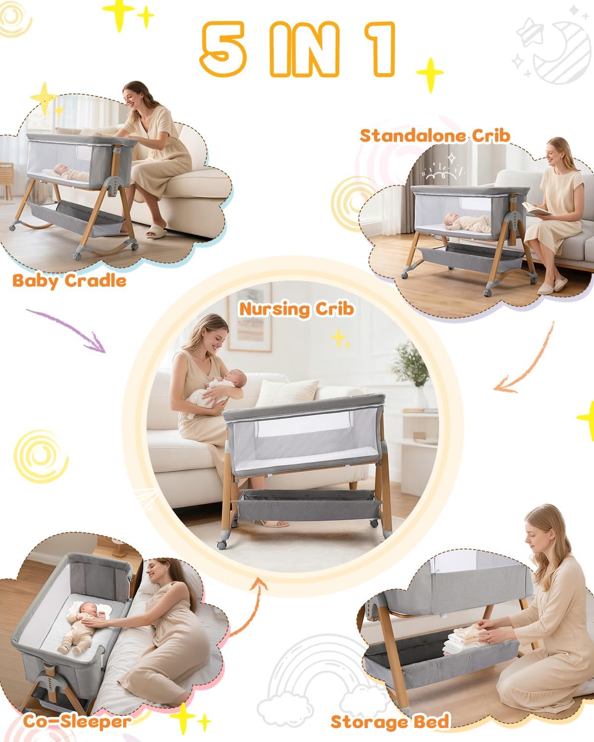 Ktaxon 6 in 1 Baby Bassinet Bedside Bassinet for Baby Crib Rocking Bassinet
