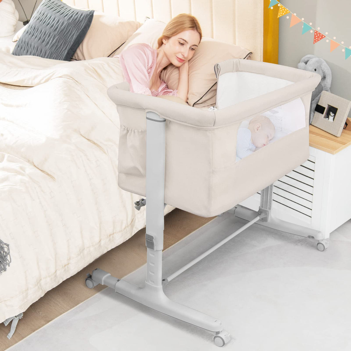 BABY JOY Bassinet Bedside Sleeper, 3 in 1 Folding Crib w/Adjustable Height, Mattress, Lockable Wheels, Storage Pocket & Carry Bag for Infant Newborn, Stationary & Rock, Portable Baby Bassinet (Pink)