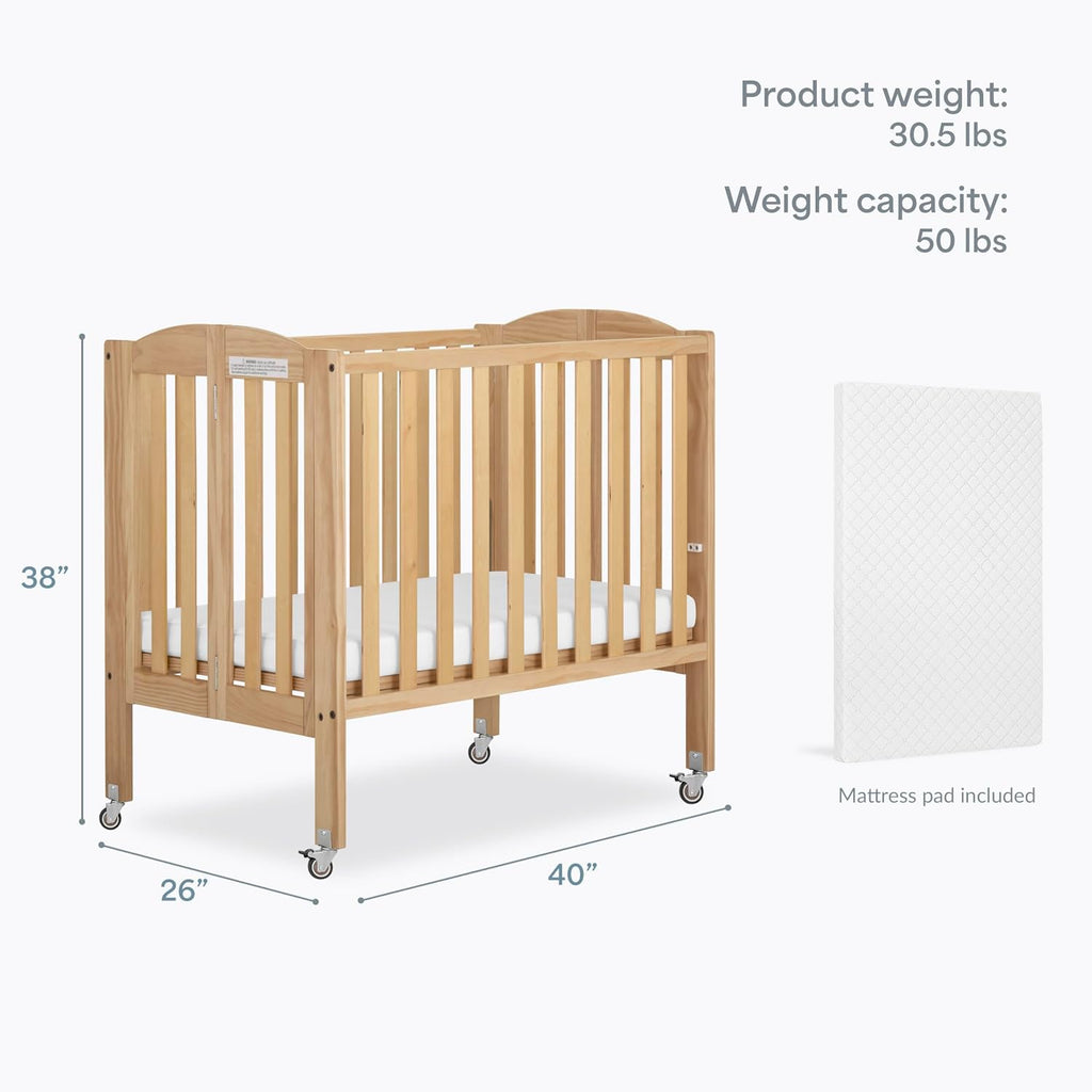Dream On Me 2-in-1 Portable Mini Crib, Non-Full Size Baby Crib for Small Spaces, 2 Mattress Heights, Compact Travel Design, Includes Mattress, GREENGUARD Gold & BSA Certified, Natural