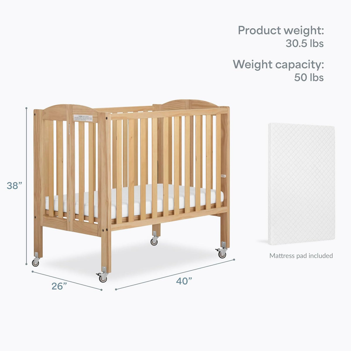 Dream On Me 2-in-1 Portable Mini Crib, Non-Full Size Baby Crib for Small Spaces, 2 Mattress Heights, Compact Travel Design, Includes Mattress, GREENGUARD Gold & BSA Certified, Natural