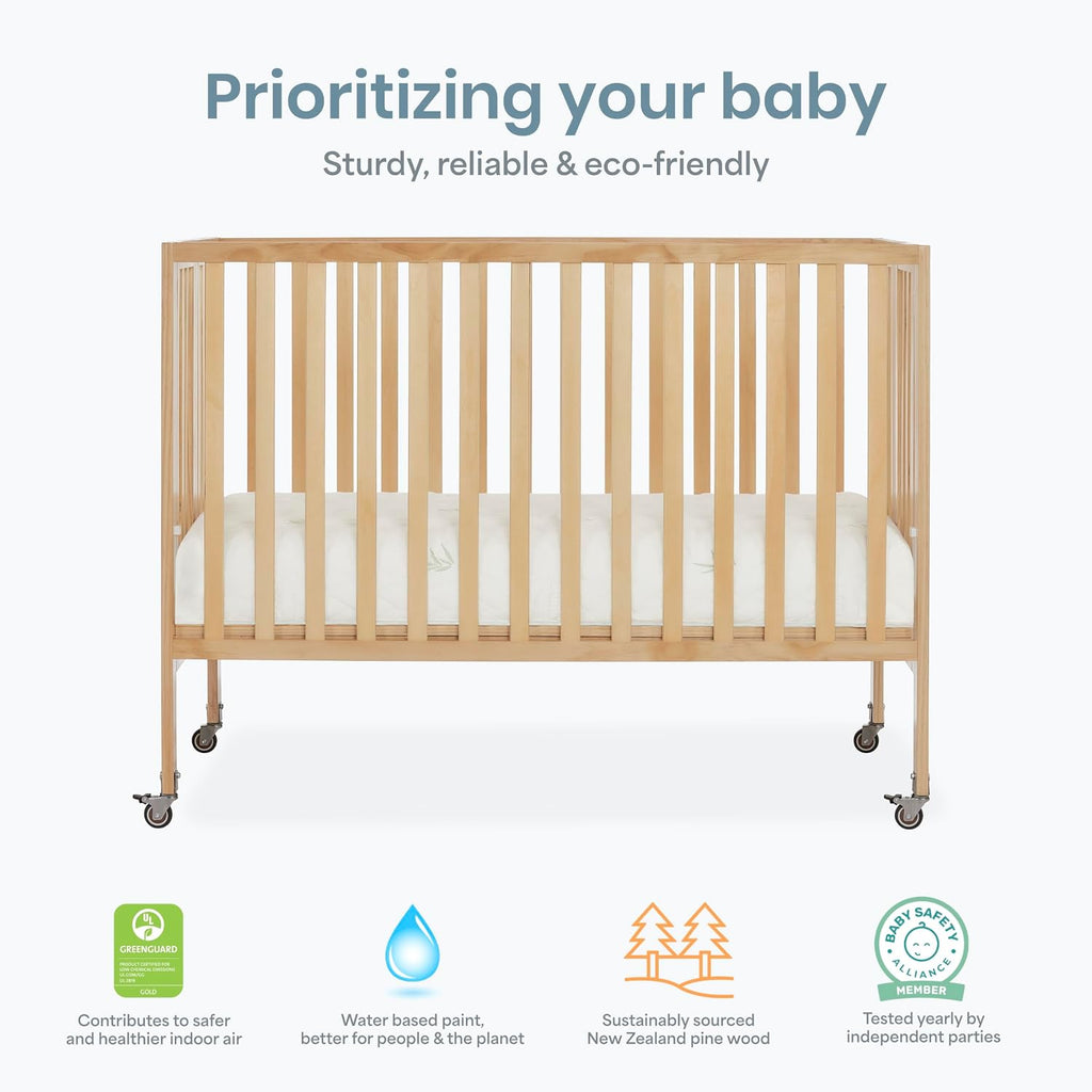 Dream On Me Quinn Full-Size Portable Baby Crib in Natural, GreenGuard Gold & JPMA, Patented Quick Fold System, Adjustable Mattress Support, Smooth Wheels, Compact Design, Safe Sleep Assurance