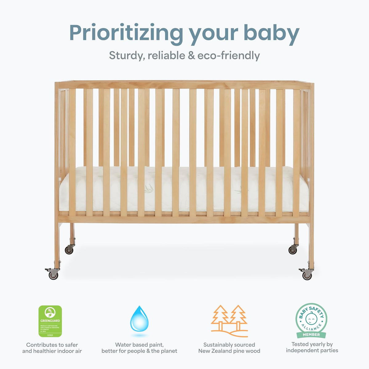 Dream On Me Quinn Full-Size Portable Baby Crib in Natural, GreenGuard Gold & JPMA, Patented Quick Fold System, Adjustable Mattress Support, Smooth Wheels, Compact Design, Safe Sleep Assurance