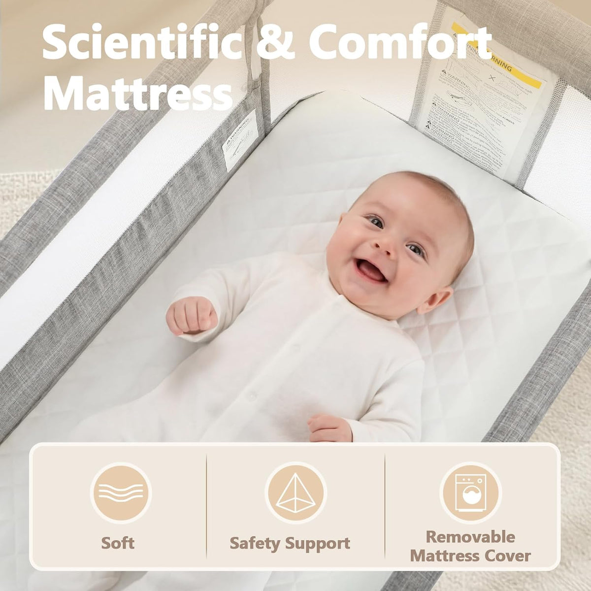 Kinder King Baby Bassinet Bedside Sleeper, Adjustable Heights, Grey