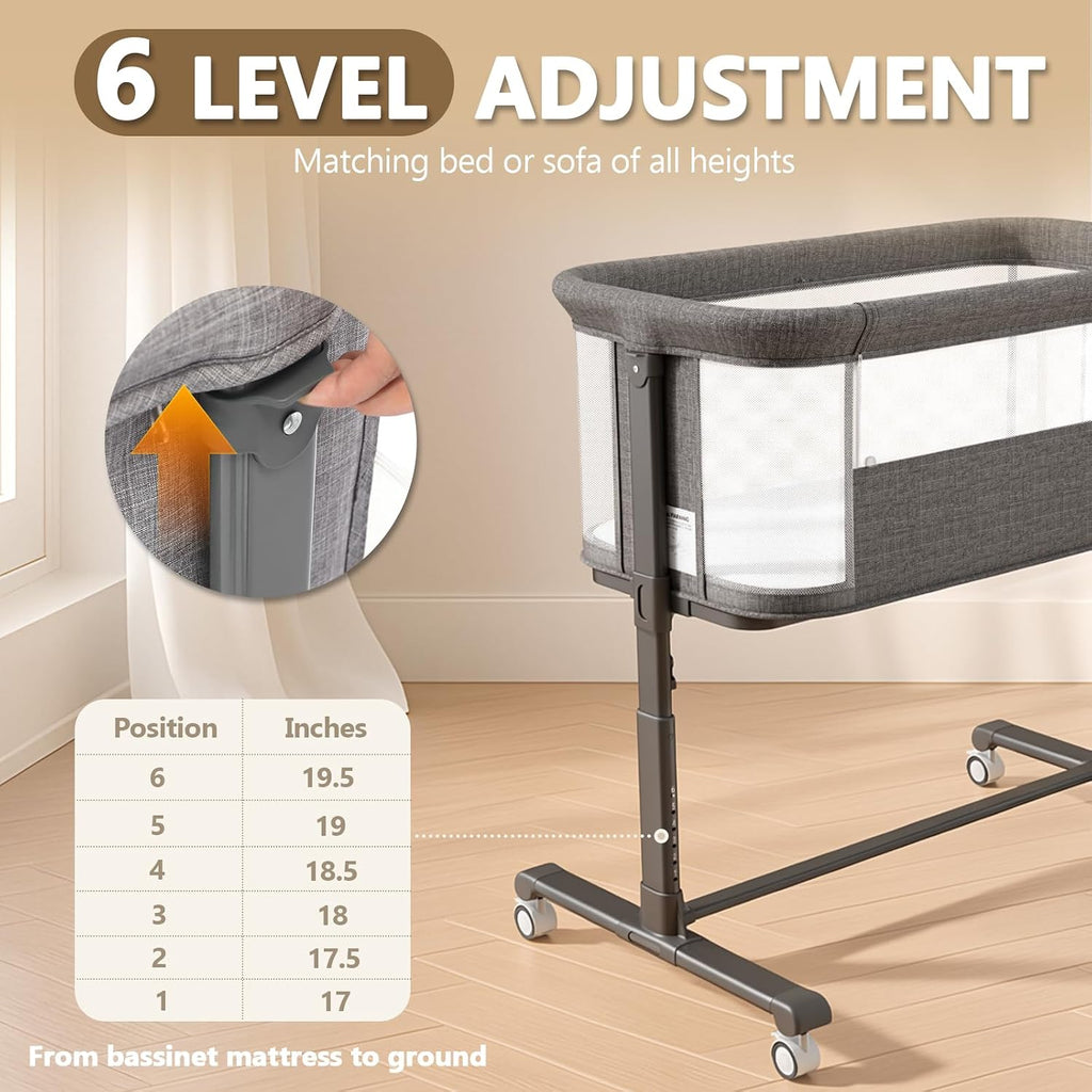 Kinder King Baby Bassinet Bedside Sleeper, Adjustable Heights, Grey