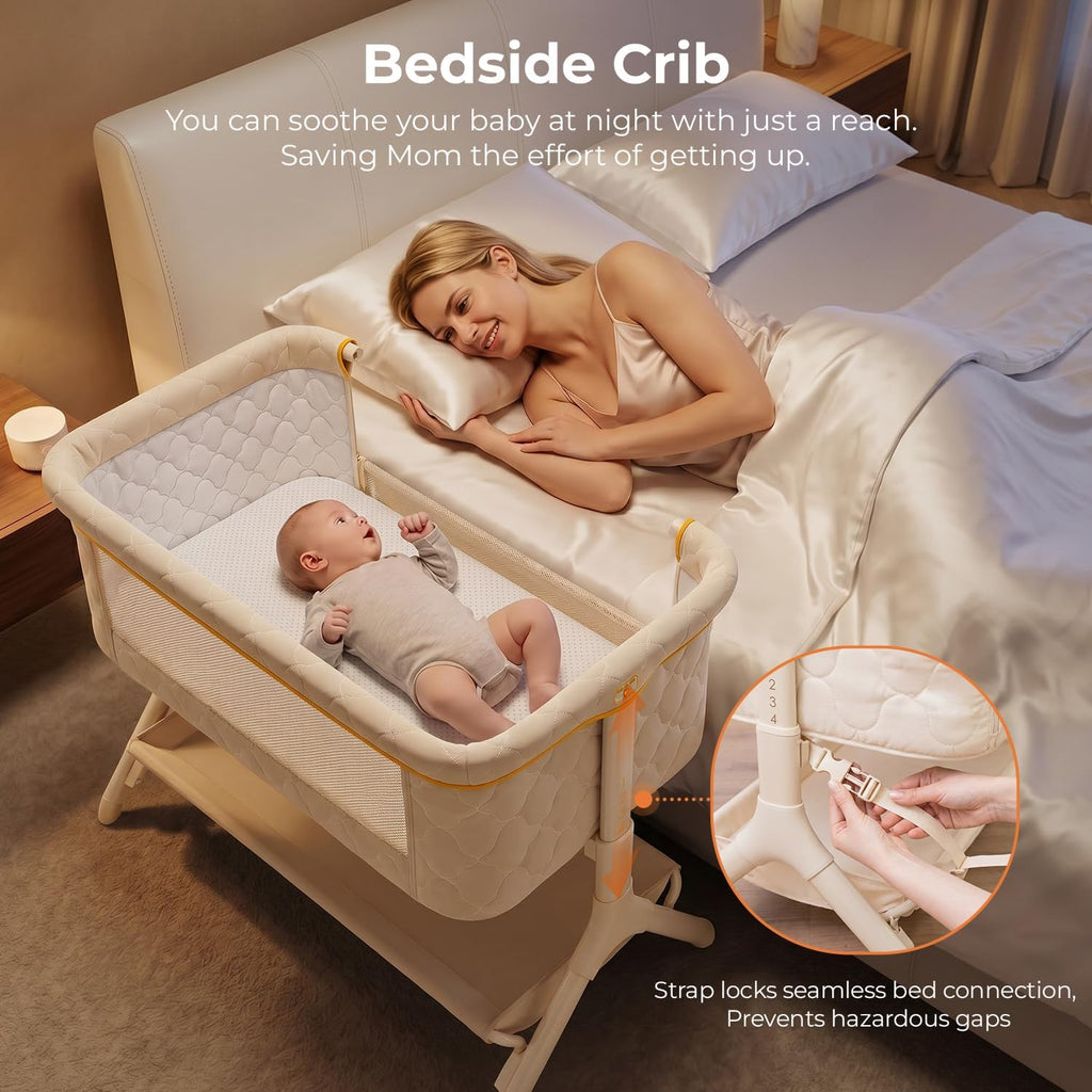 Pamo babe Bedside Bassinet for Baby, 3-in-1 Foldable Travel Bassinet with Wheels, Portable Baby Bassinet Adjustable Height, Storage Bag, Baby Bedside Sleeper Ideal Gift for Newborn Parents (Beige)