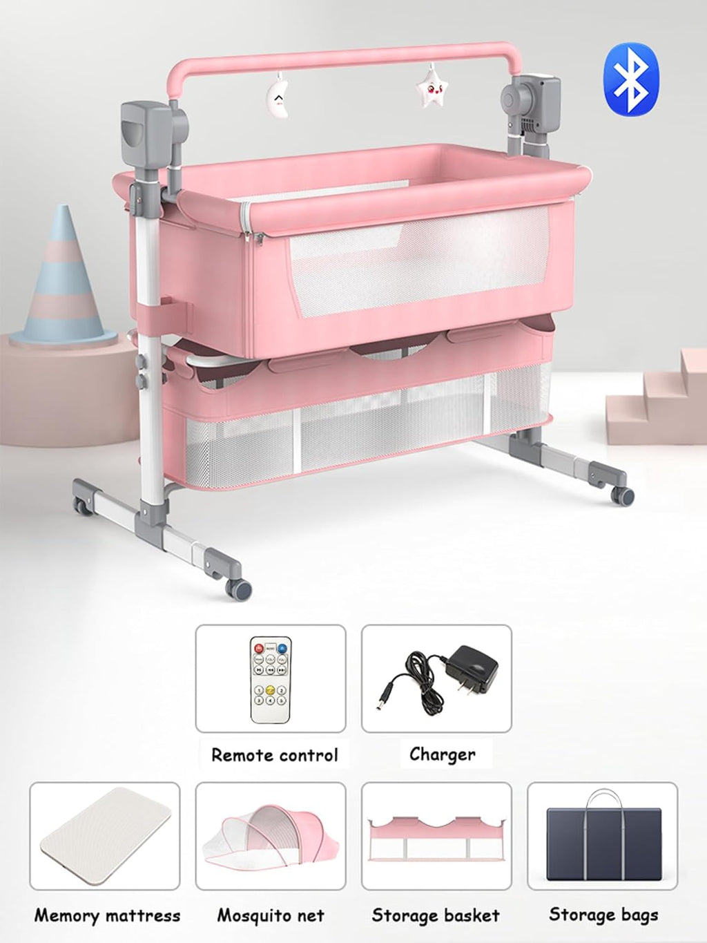 Electric Bluetooth Smart Baby Bedside Crib, Bassinet for Co-Sleeping, Infant Bedside Sleeper Cot, Convertible Foldable Baby Crib with Remote Control, Music and 5 Swaying Gears (601 Pink)