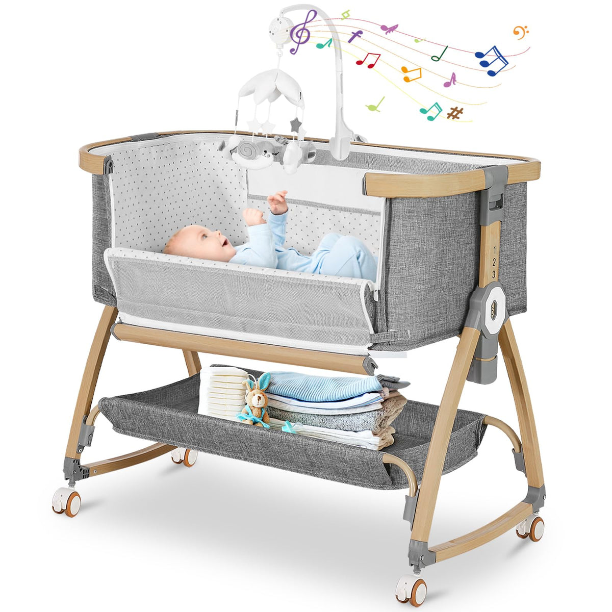 Bedside Bassinet for Baby,Bassinet Bedside Sleeper,Rocking Bassinet,Grey