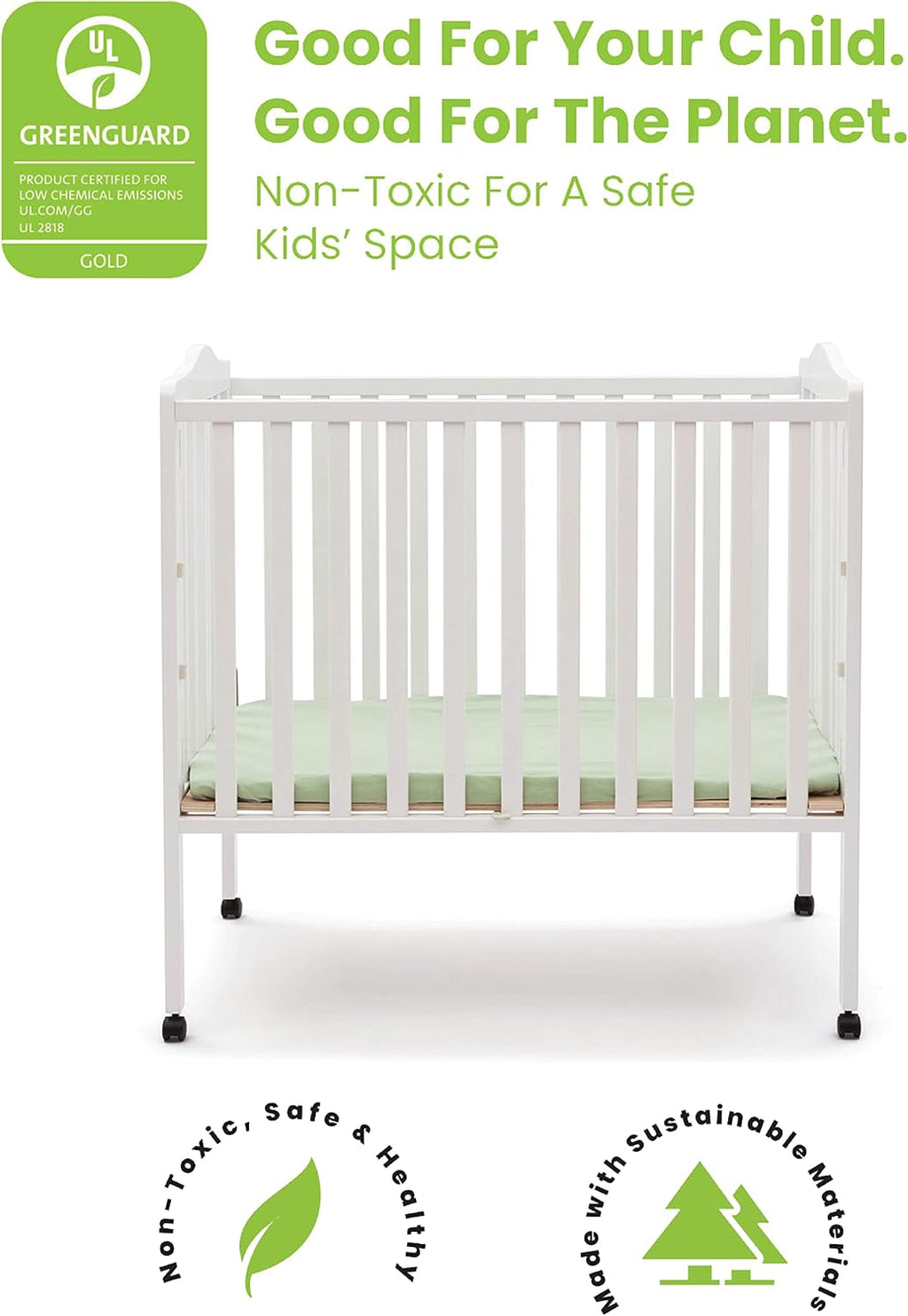 Delta Children Folding Portable Mini Baby Crib with 1.5-inch Mattress - Greenguard Gold Certified, White
