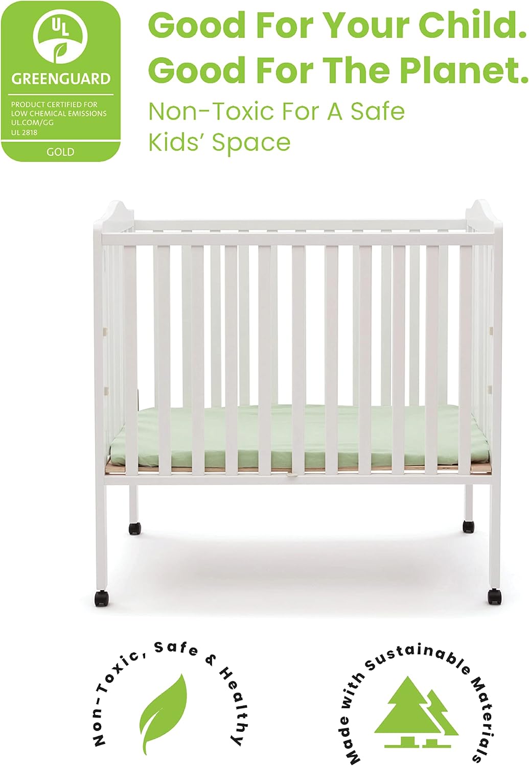 Delta Children Folding Portable Mini Baby Crib with 1.5-inch Mattress - Greenguard Gold Certified, White