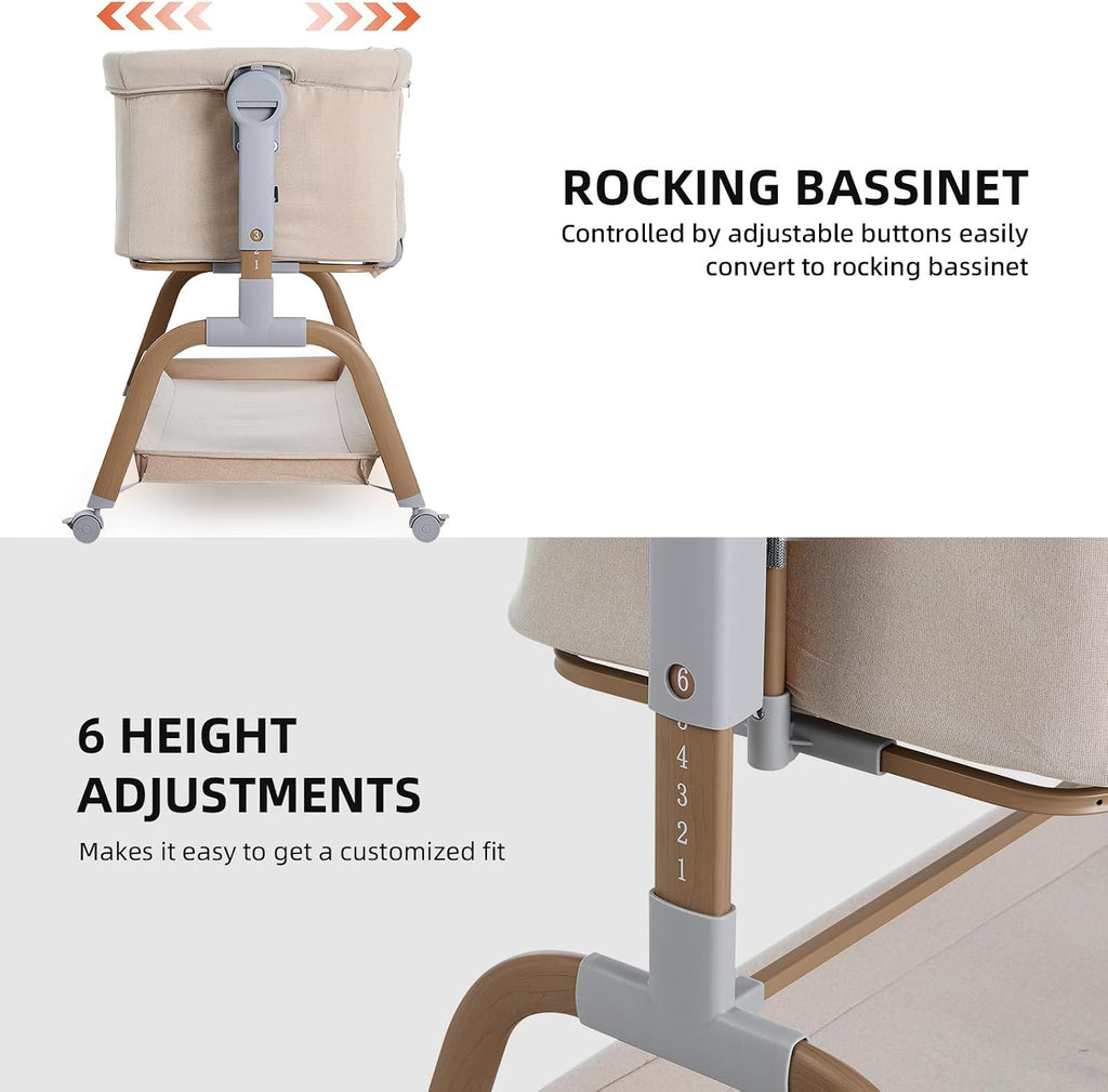 ANGELBLISS 3-in-1 Baby Bassinet, Rocking Bedside Bassinet, 6 Heights, Khaki
