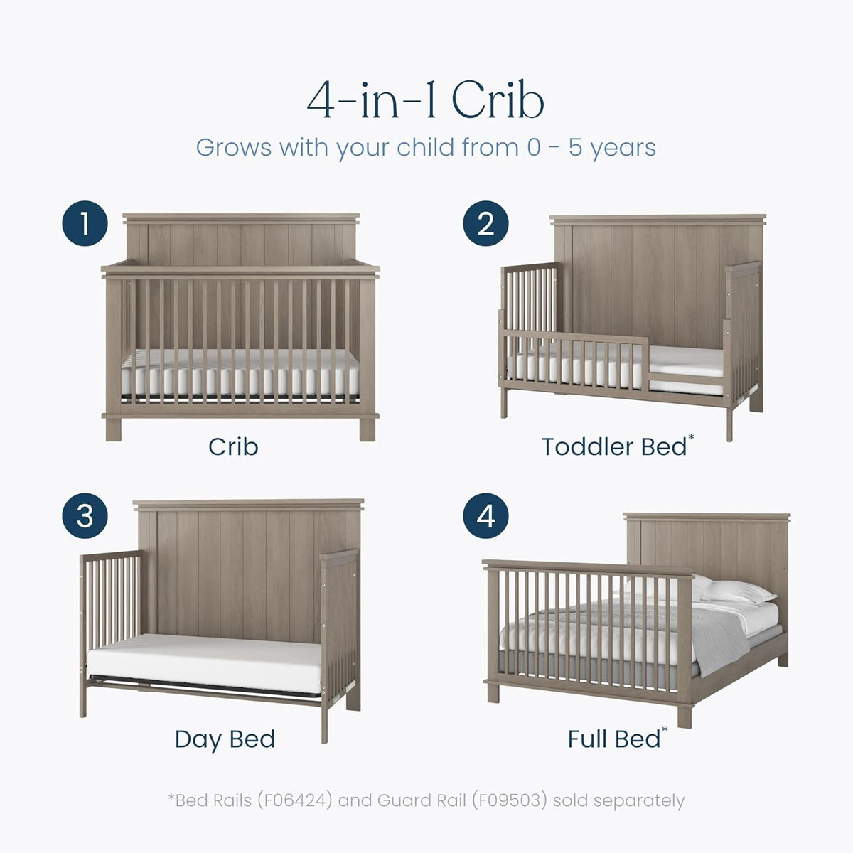 Child Craft Denman 4-in-1 Convertible Baby Crib, Craftsman Nursery Furniture Converts to Toddler Bed Daybed & Full-Size Bed, 2 Adjustable Mattress Heights (Crescent Gray)