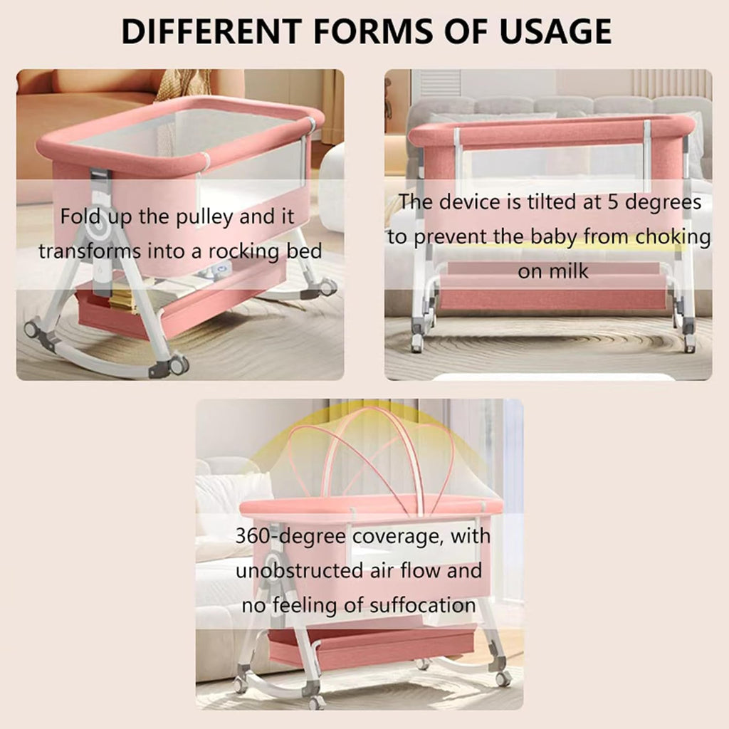 Baby Bassinet,3 in 1 Baby Bassinets Bedside Sleeper with Wheels and Mosquito Net,Bedside Bassinet for Baby with Comfy Mattress, Mattress&Breathable Mesh,Storage Basket