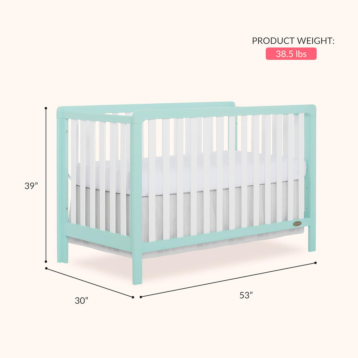 Dream On Me Ridgefield 5-in-1 Convertible Full-Size Baby Crib in Mint & White, GreenGuard Gold & JPMA, 4 Mattress Heights, Converts to Toddler, Day & Full-Size Bed, Solid Wood Design