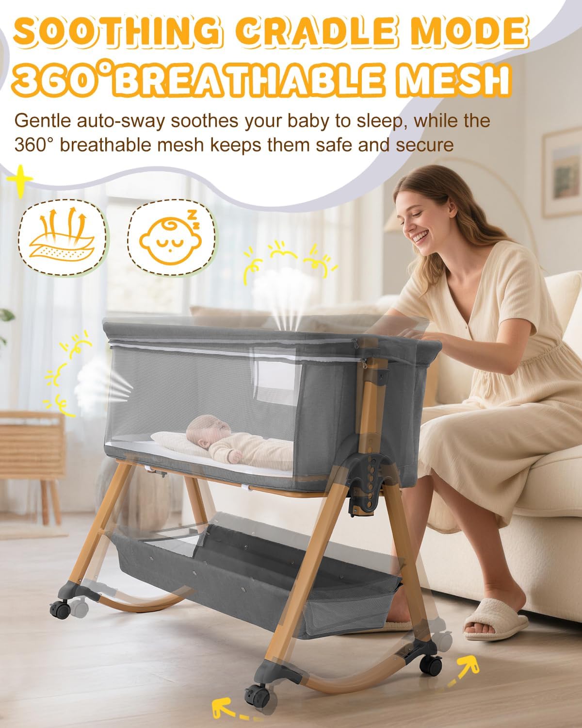 5 in 1 Baby Bedside Bassinet | Rocking Bassinet Bedside Sleeper