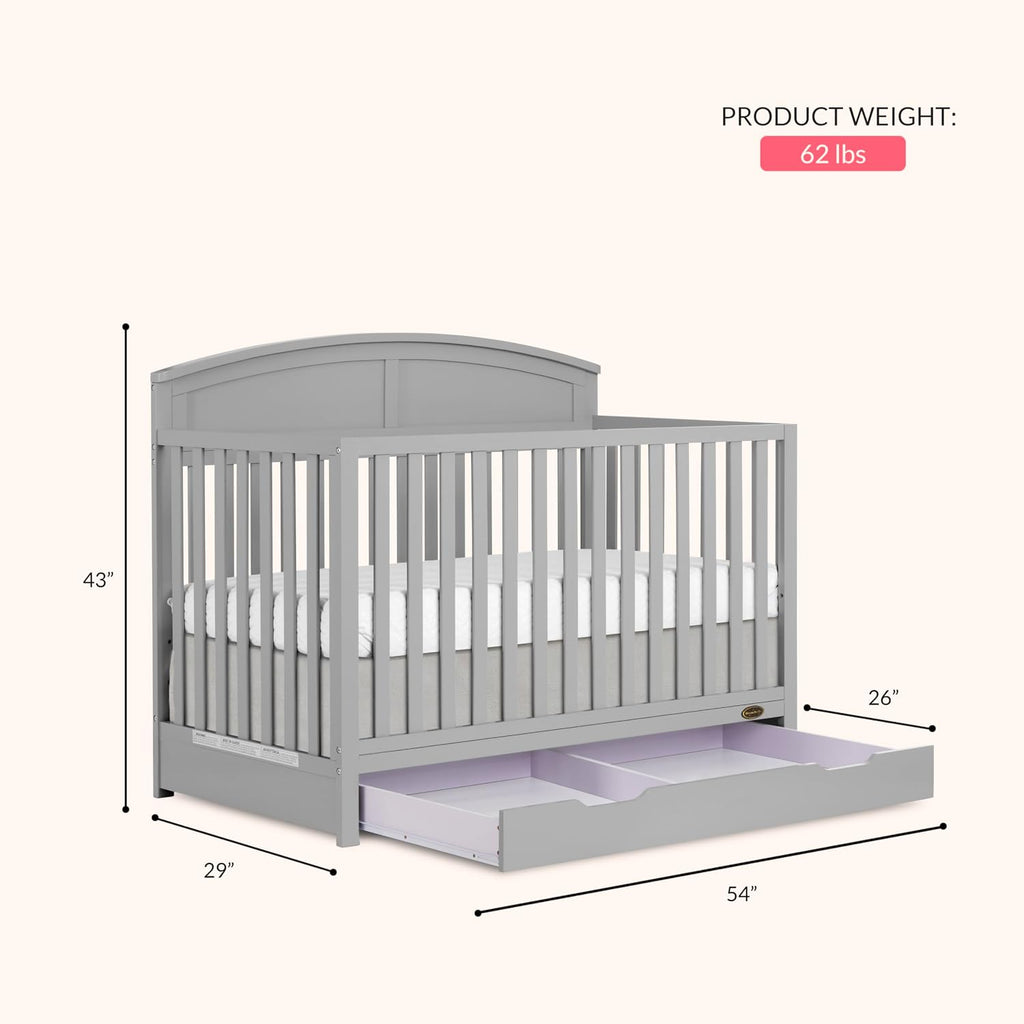 Dream On Me Storybrooke 5-in-1 Convertible Full-Size Crib with Under Drawer, Pebble Grey, GreenGuard Gold & BSA, Convert to Toddler, Day & Full-Size Bed, 3 Mattress Heights, Sustainable Pinewood
