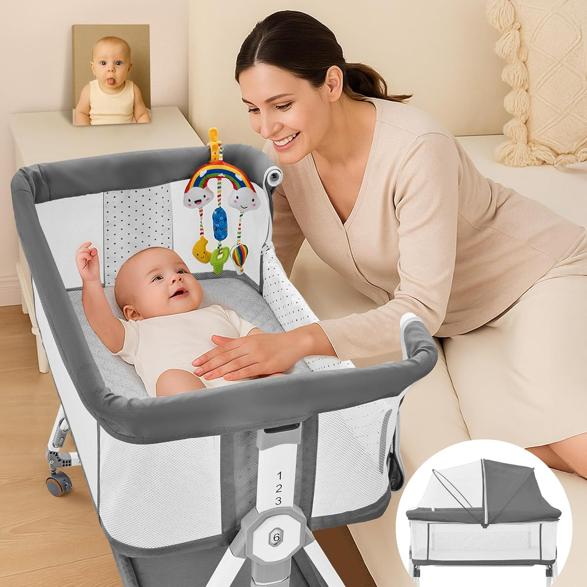 4-in-1 Baby Bassinet with Wheels, 6 Height Settings, Gray