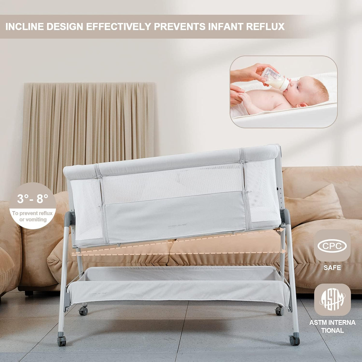 ANGELBLISS Baby Bassinet Bedside Sleeper with Wheels, 6 Heights (Beige)