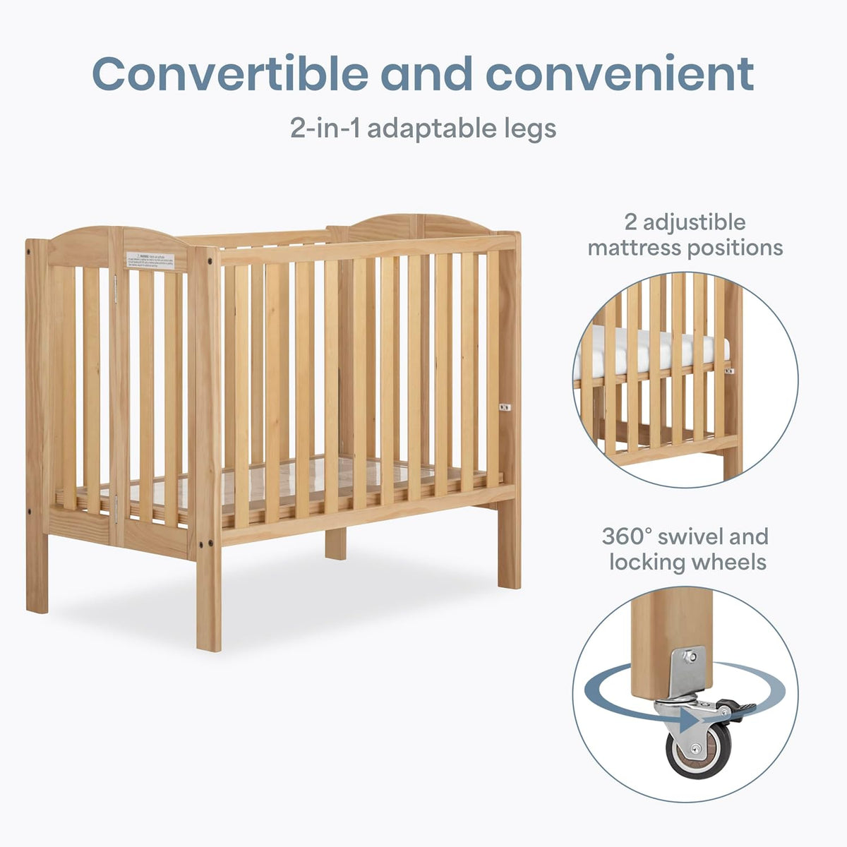 Dream On Me 2-in-1 Portable Mini Crib, Non-Full Size Baby Crib for Small Spaces, 2 Mattress Heights, Compact Travel Design, Includes Mattress, GREENGUARD Gold & BSA Certified, Natural
