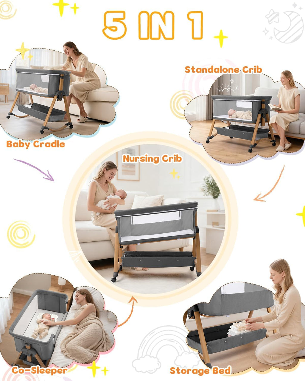 5 in 1 Baby Bedside Bassinet | Rocking Bassinet Bedside Sleeper