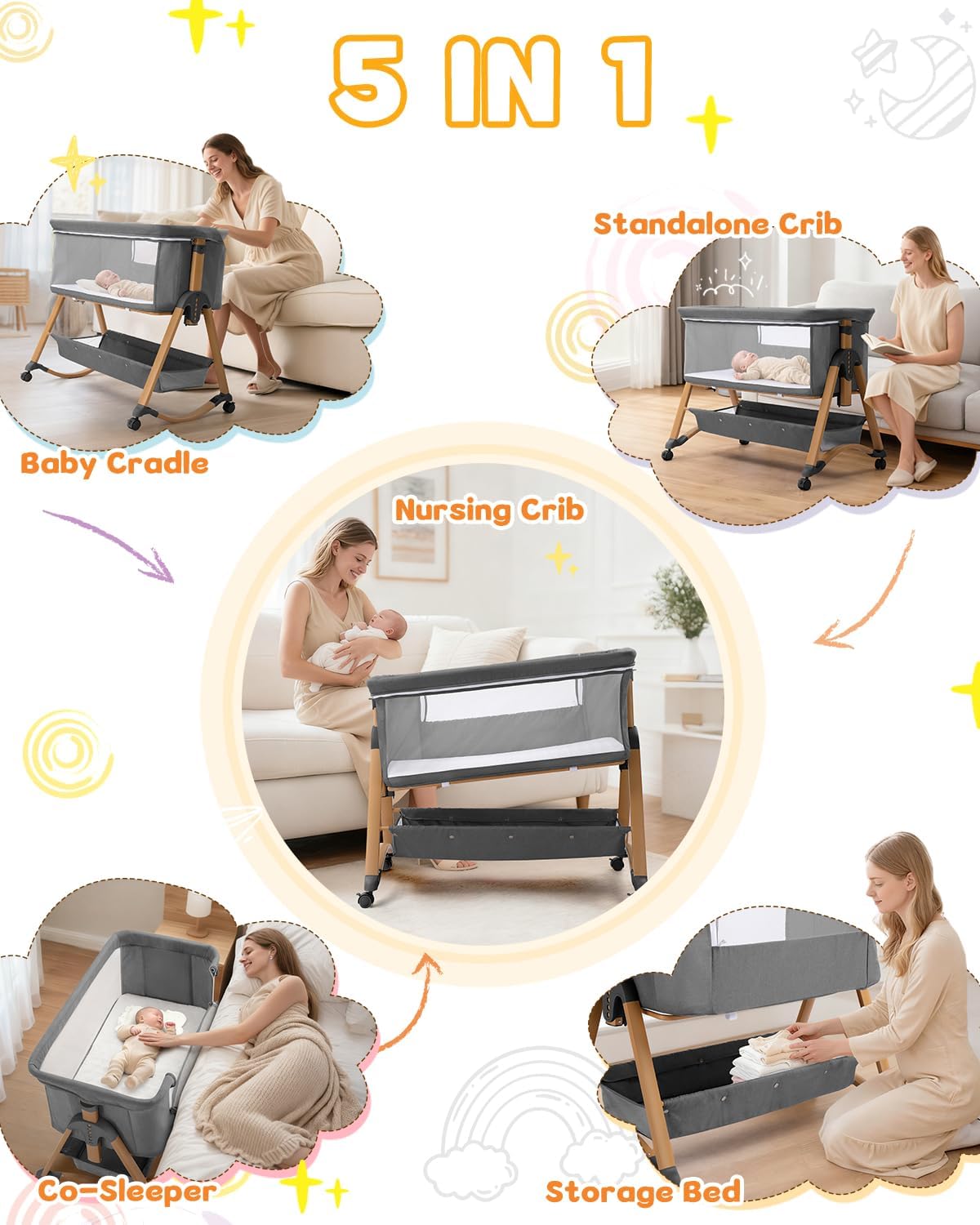 5 in 1 Baby Bedside Bassinet | Rocking Bassinet Bedside Sleeper