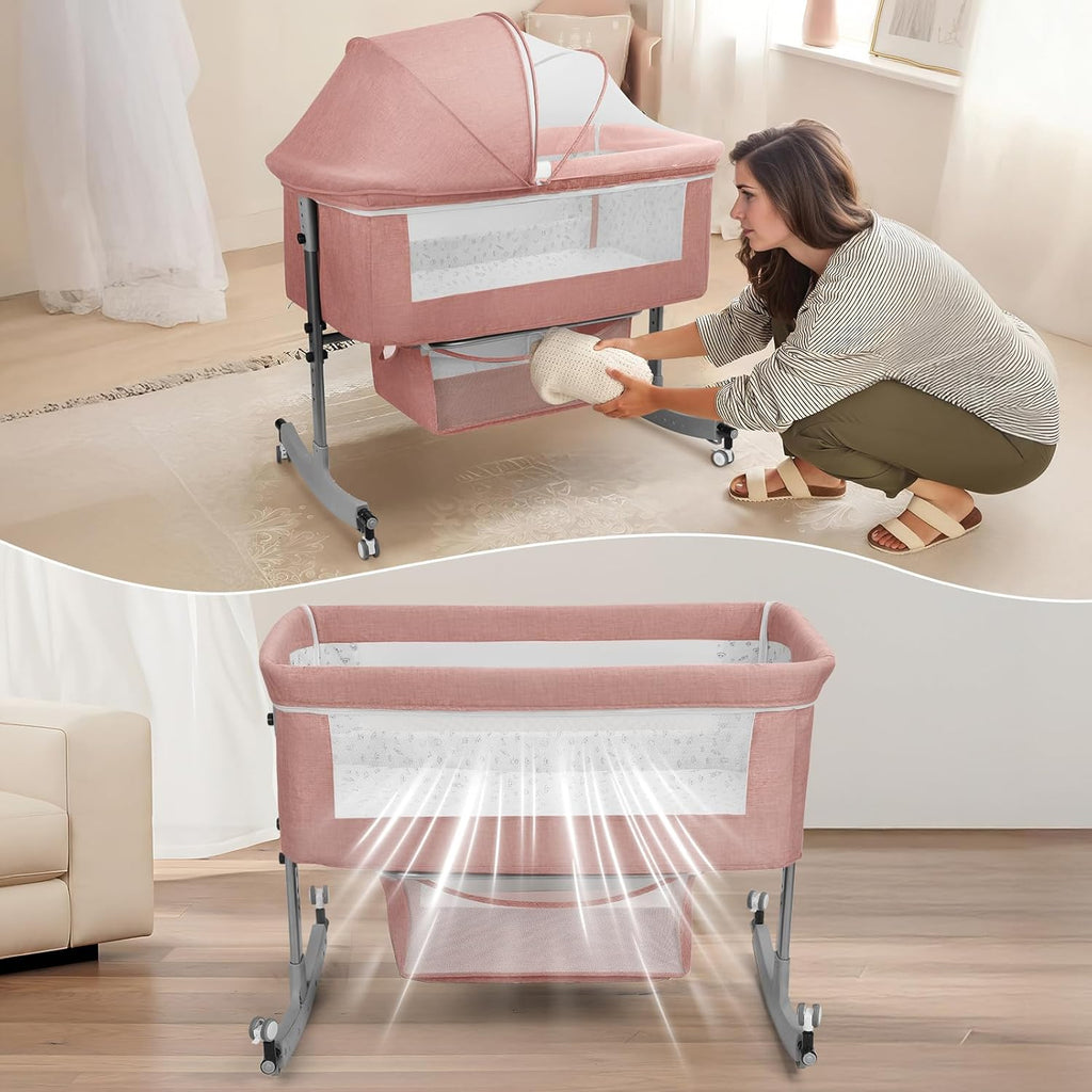 Bedside Bassinet Baby Crib, 3-in-1 Bedside Crib, 6 Levels Height Adjustable Baby Crib with Basket & Mosquito Net, Wheels, Portable Newborn Infant Cradle Bassinet Pink