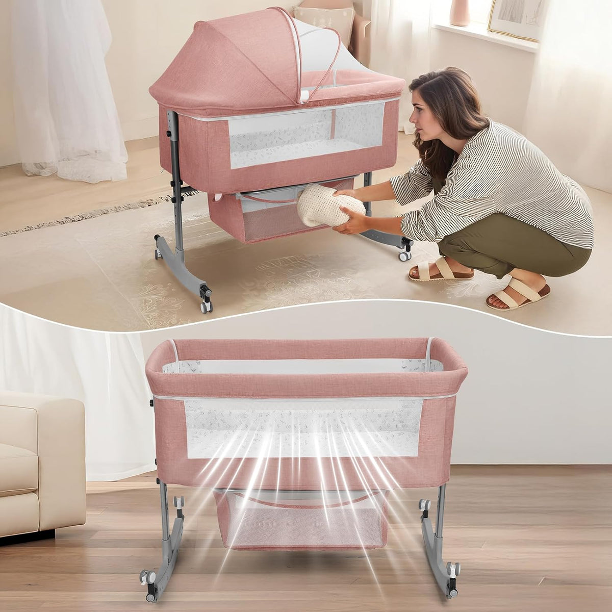 Bedside Bassinet Baby Crib, 3-in-1 Bedside Crib, 6 Levels Height Adjustable Baby Crib with Basket & Mosquito Net, Wheels, Portable Newborn Infant Cradle Bassinet Pink