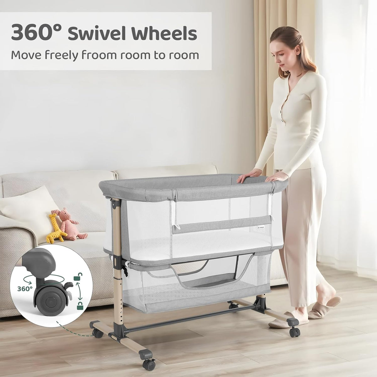 Cowiewie Bassinet Bedside Sleeper, Breathable and Adjustable, Light Grey