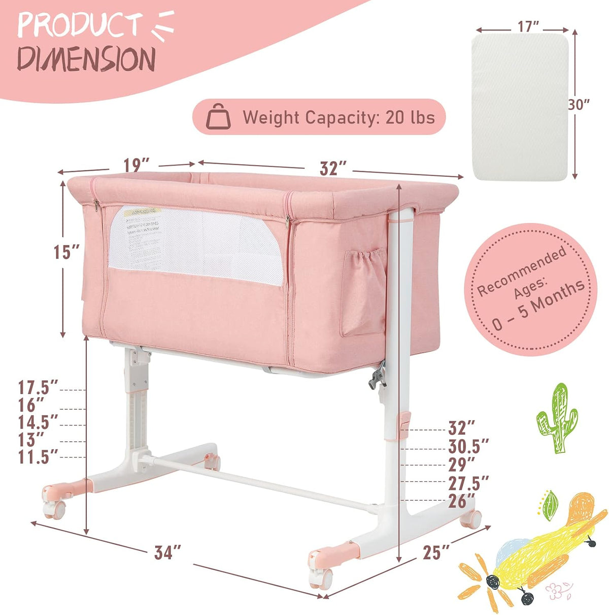 HONEY JOY Baby Bassinet Bedside Sleeper, 3-in-1 Easy Folding Portable Crib for Baby with Wheels, 5 Adjustable Heights, Easy to Assemble Bed to Bed, Mattress & Carry Bag for Infant Newborn (Pink)
