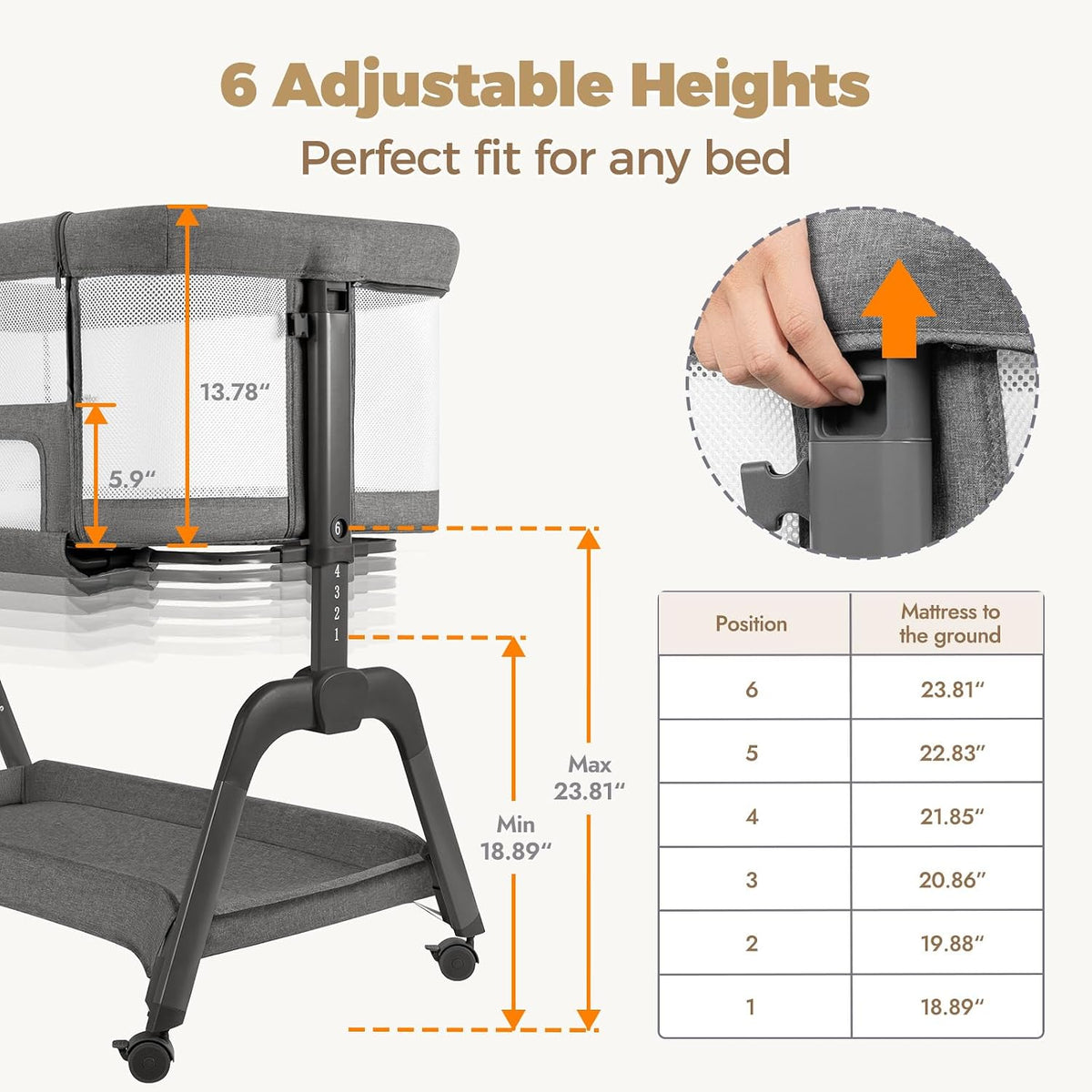 Papablic Baby Bassinet Bedside Sleeper with 6 Height Settings for Newborn