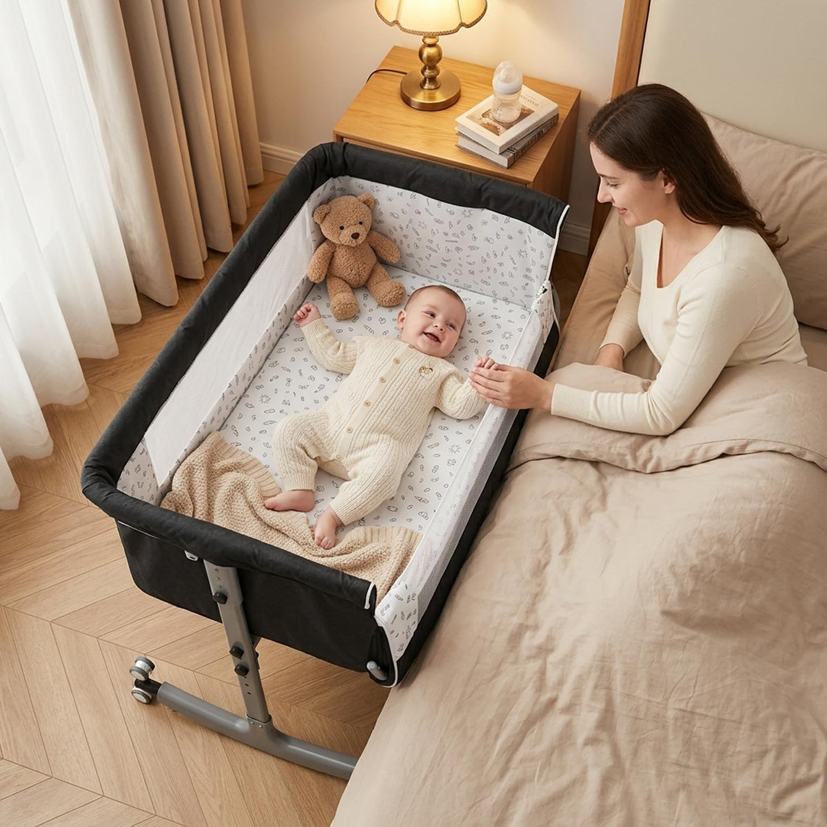 3 in 1 Baby Bassinet Bedside Sleeper, Adjustable Portable Crib with Wheels