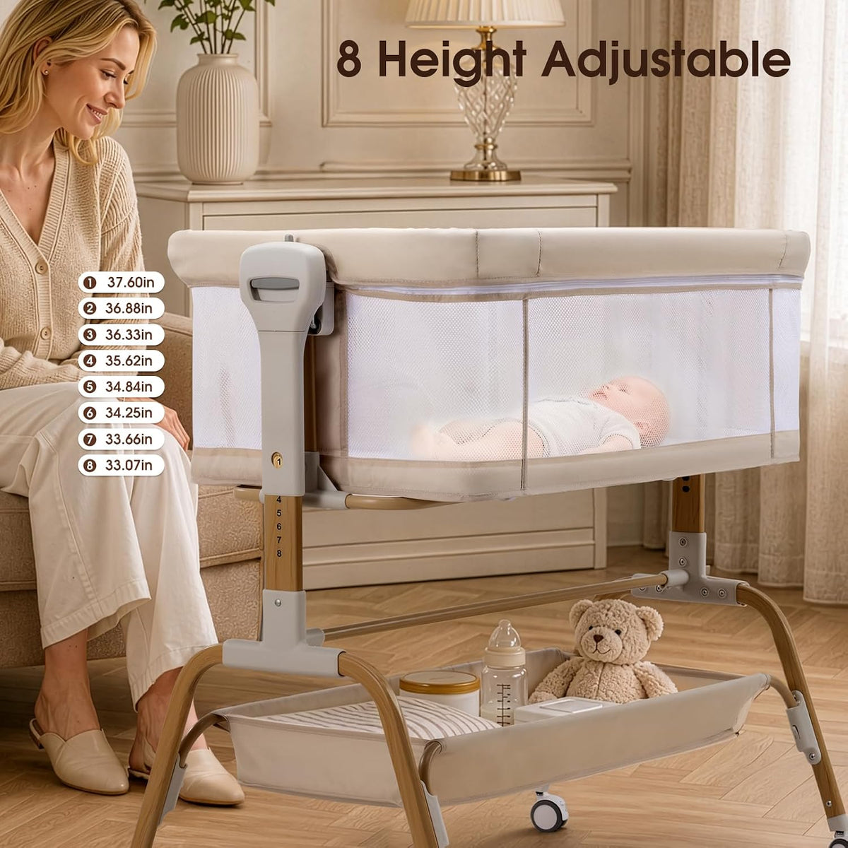 4 in 1 Baby Bassinet, Rocking Bassinet, Bedside Bassinet for Baby, Beige