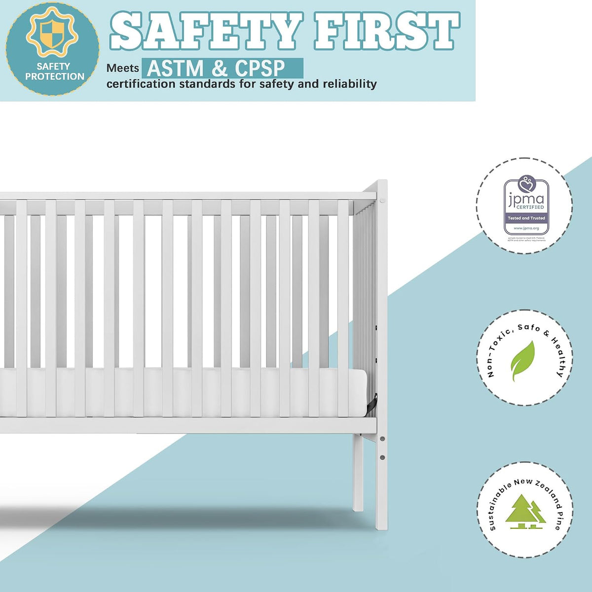 Baby Crib 5-in-1 Convertible, Wood Full Size Toddler Bed for Small Baby, Made of Sustainable Natural Pinewood Cribs, Non-Toxic Finish, Simplistic Nursery Furniture (White)