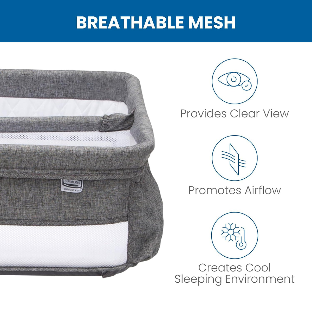 Simmons Kids By The Bed City Sleeper Bassinet for Twins - Adjustable Height Portable Crib with Wheels & Airflow Mesh, Grey Tweed