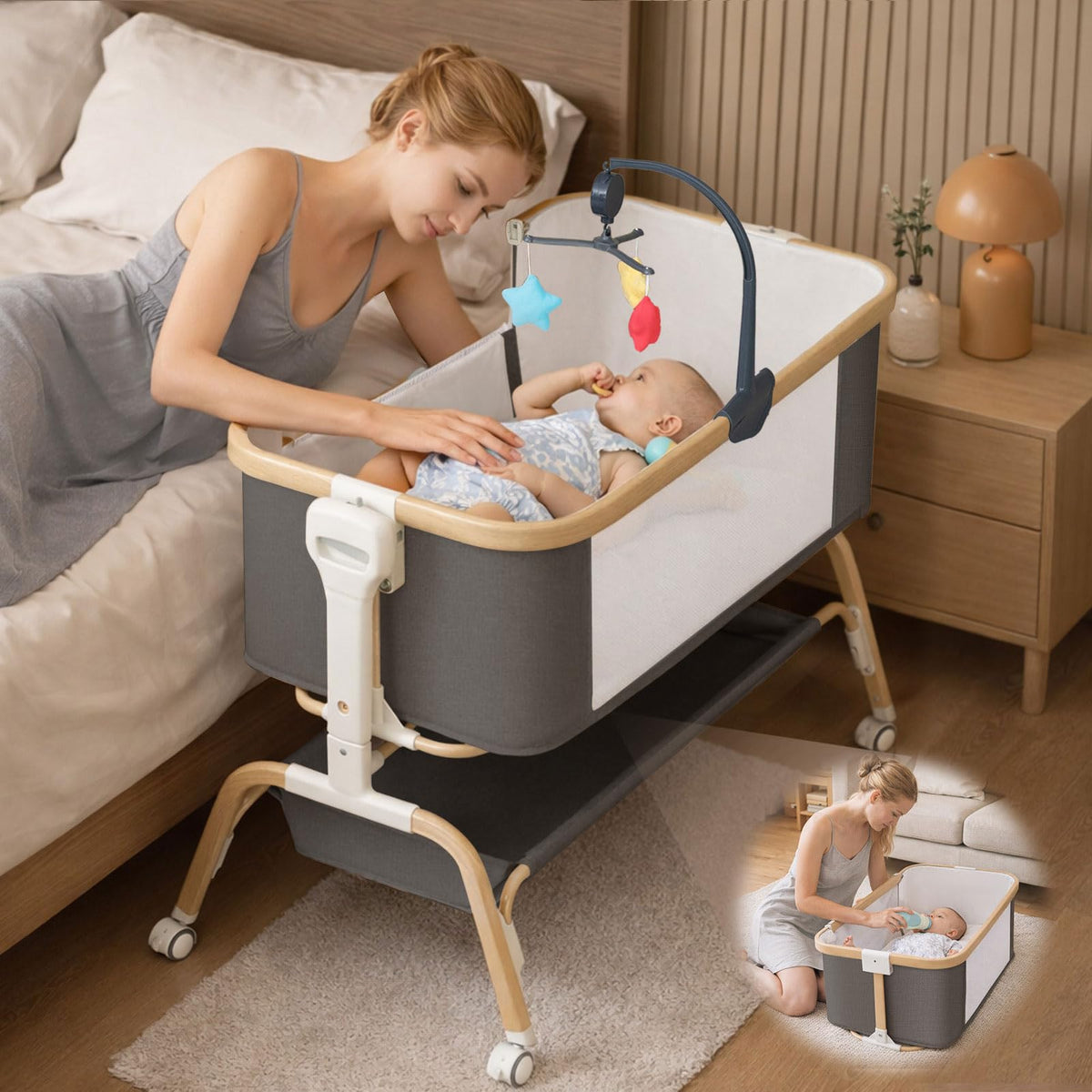 Rocking Baby Bassinet Bedside Sleeper, Detachable Portable Bassinet
