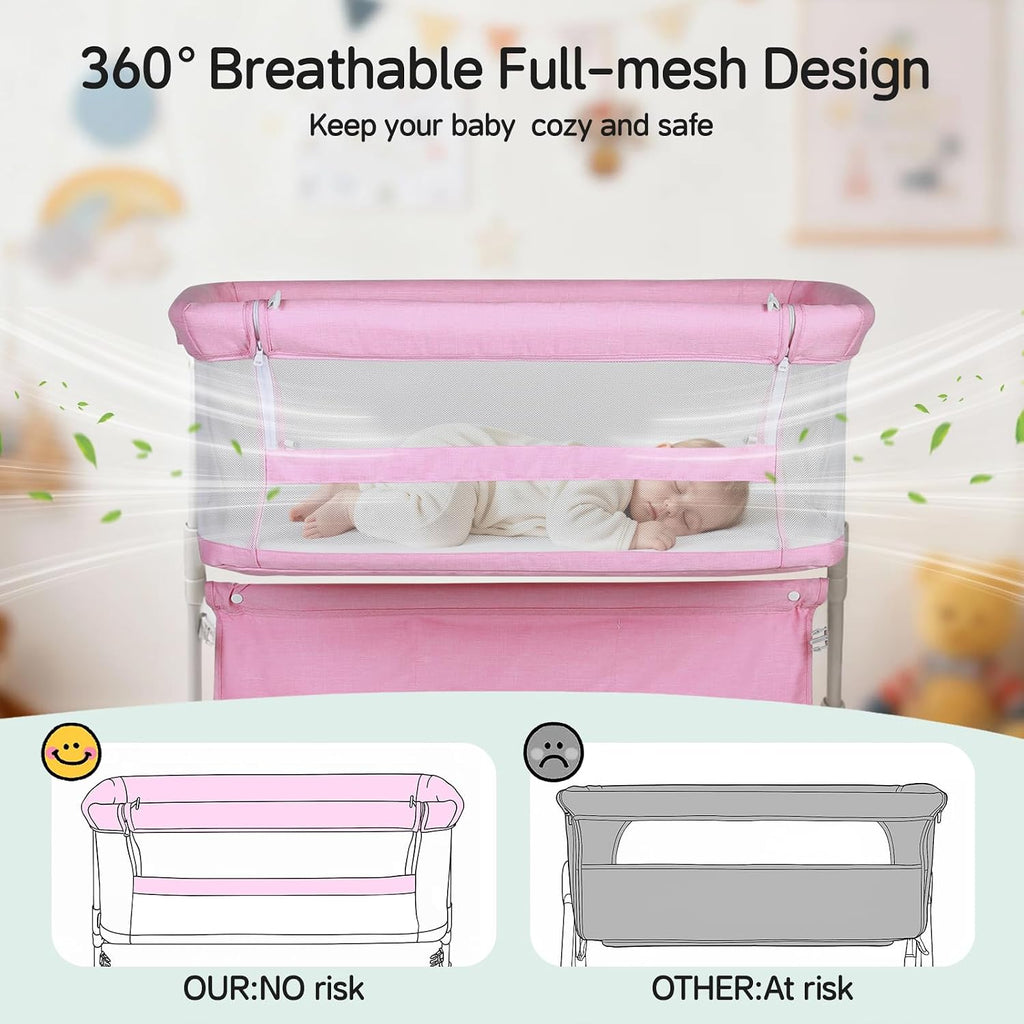 Cowiewie Bassinet Bedside Sleeper,Baby Bassinet Slides Over Bed,5-Position Height Adjustment & Breathable All-Mesh Wall Bedside Bassinet for Baby,Space-Saving Bedside Crib, Height(37.4-41.3") (Pink)