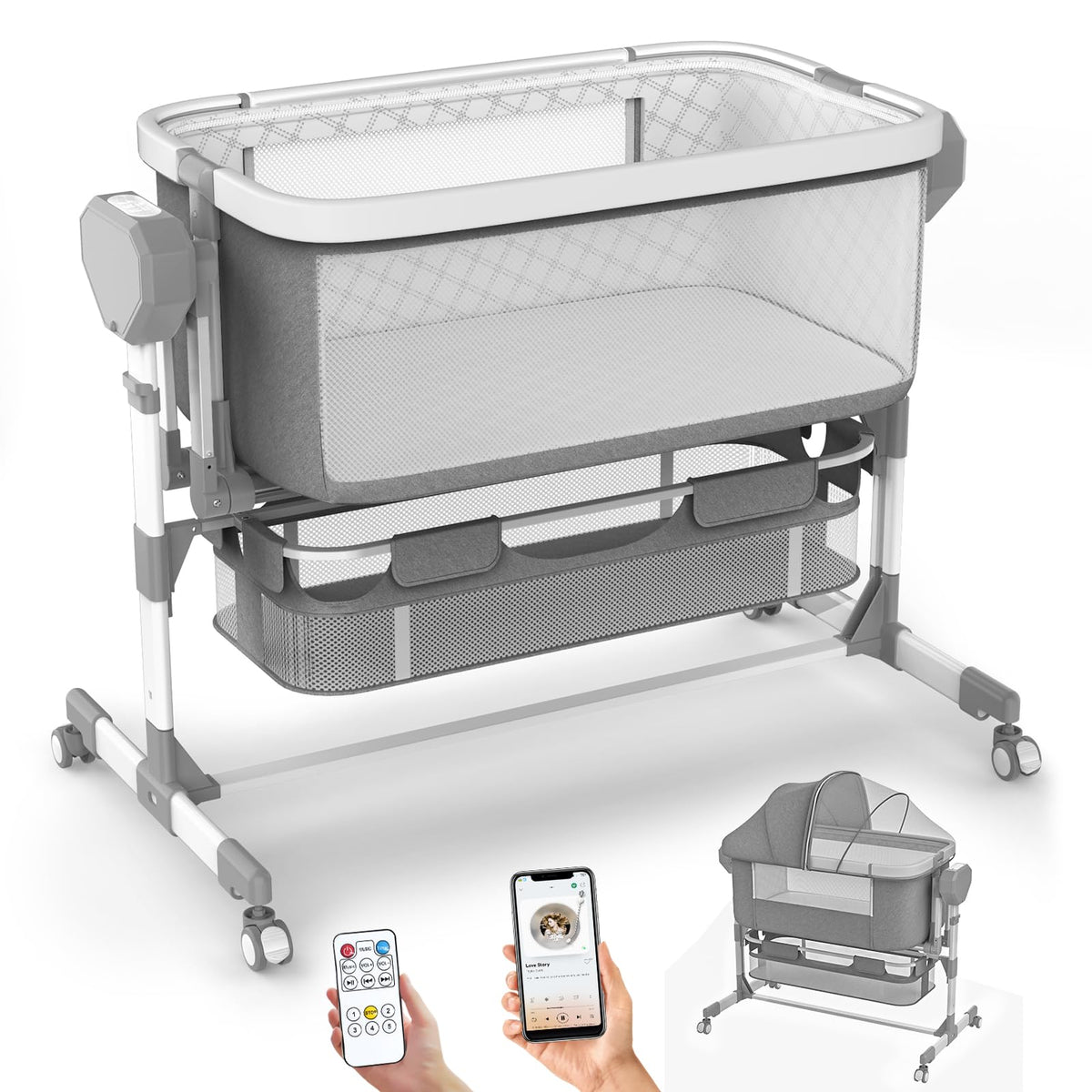 Rocking Bassinet for Baby, Electric Bassinet Automatic 5 Rocking Motion Bassinet Bedside Sleeper for Newborn, Auto Rolling Baby Cradle 6 Height Adjustable with 4 Lullabies, Wheels, Storage