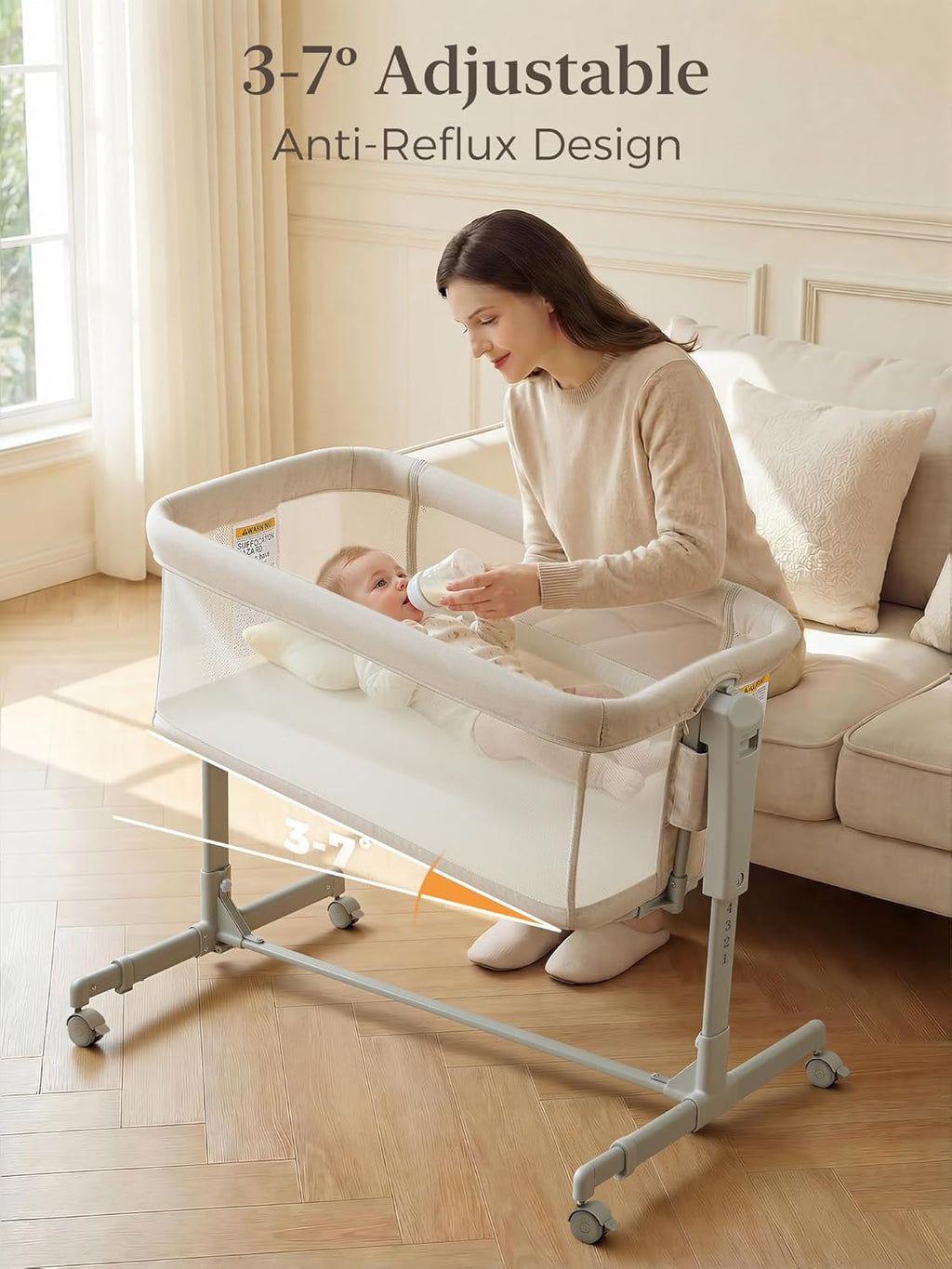 ONTHEWEI Baby Bassinet Bedside Sleeper 3-in-1, Easy Night Feeding with One-Side Fold & Rolling Wheels, Breathable Mesh, 6-Height Adjustable, Soft Mattress for Newborns