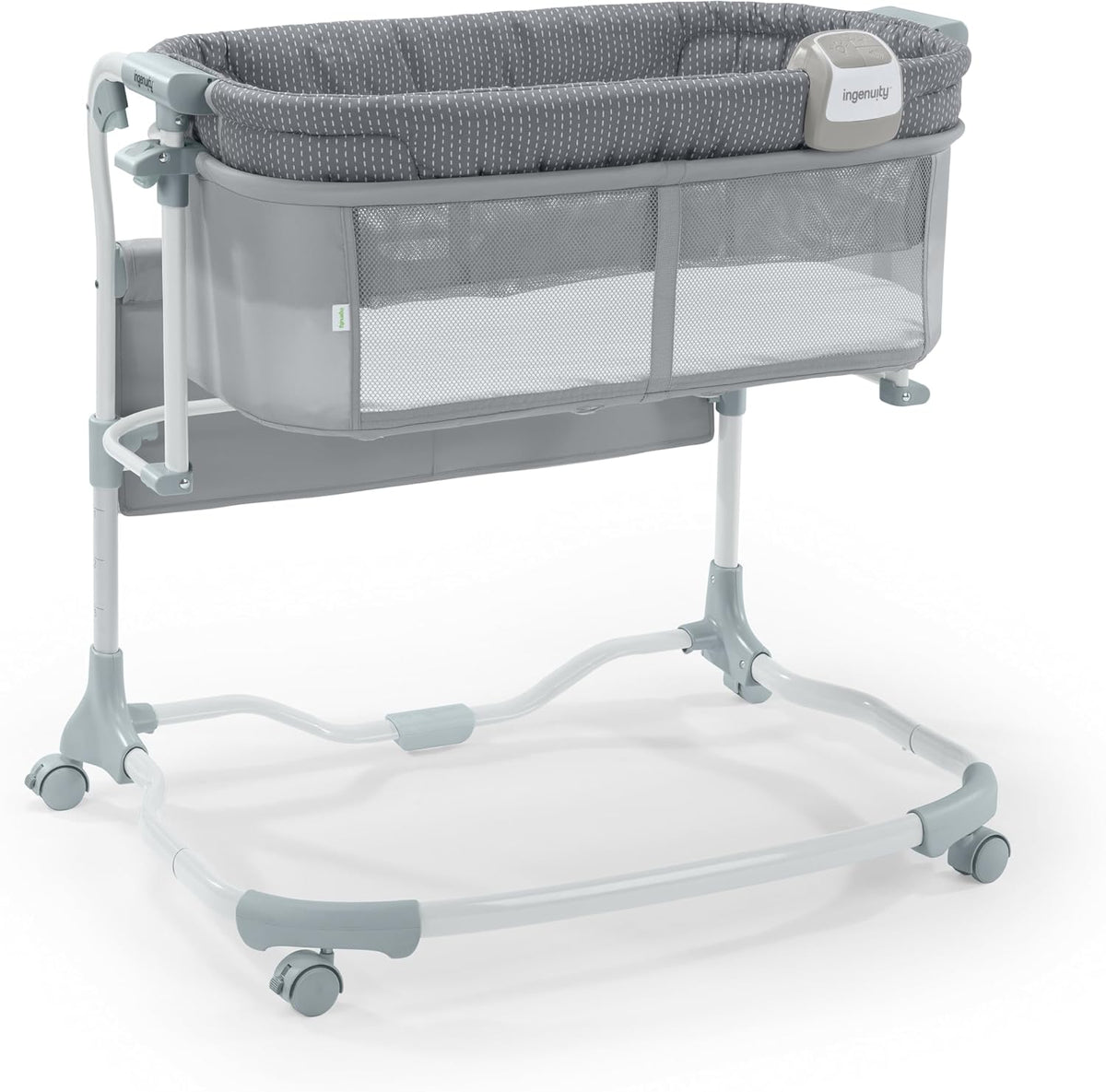 Ingenuity Dream & Grow Bedside Baby Bassinet with AirLoom Mattress, for Ages 0-12 Months, Adjustable Height - Handstitch (Grey)