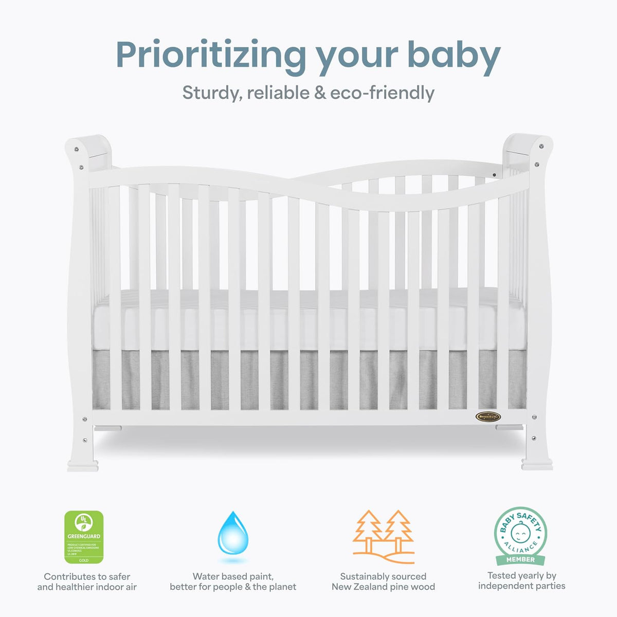 Dream On Me Violet 7-in-1 Convertible Life Style Crib in White, Greenguard Gold Certified, 4 Mattress Height Settings, Made of Sustainable New Zealand Pinewood