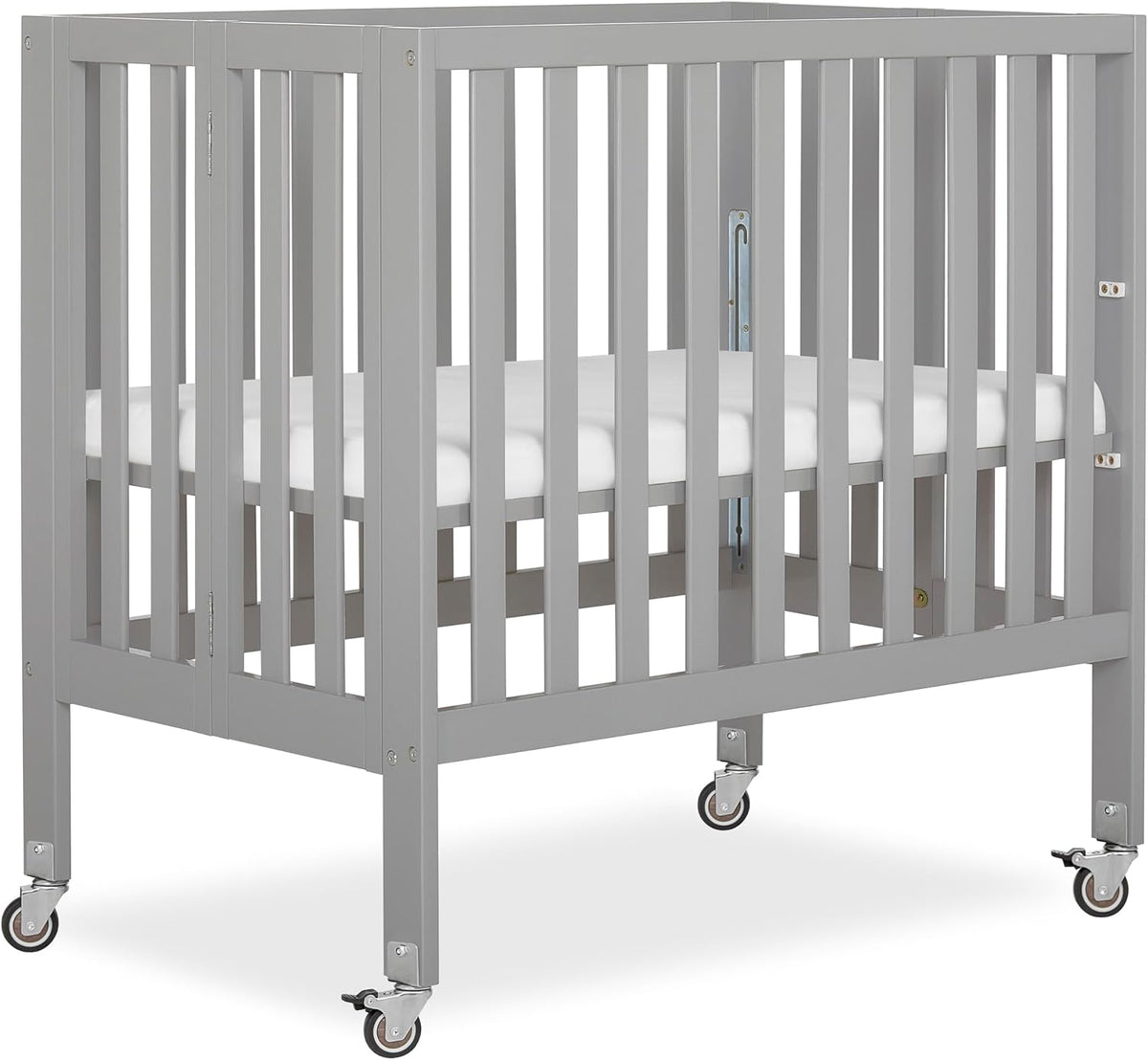 Dream On Me Jett Mini Folding Baby Crib in Pebble Grey, GreenGuard Gold & BSA, Lightweight & Portable, Patented Flat Folding System, Small Spaces & Travel, 1.5” Mattress Pad, 3 Heights, Safe Wheels