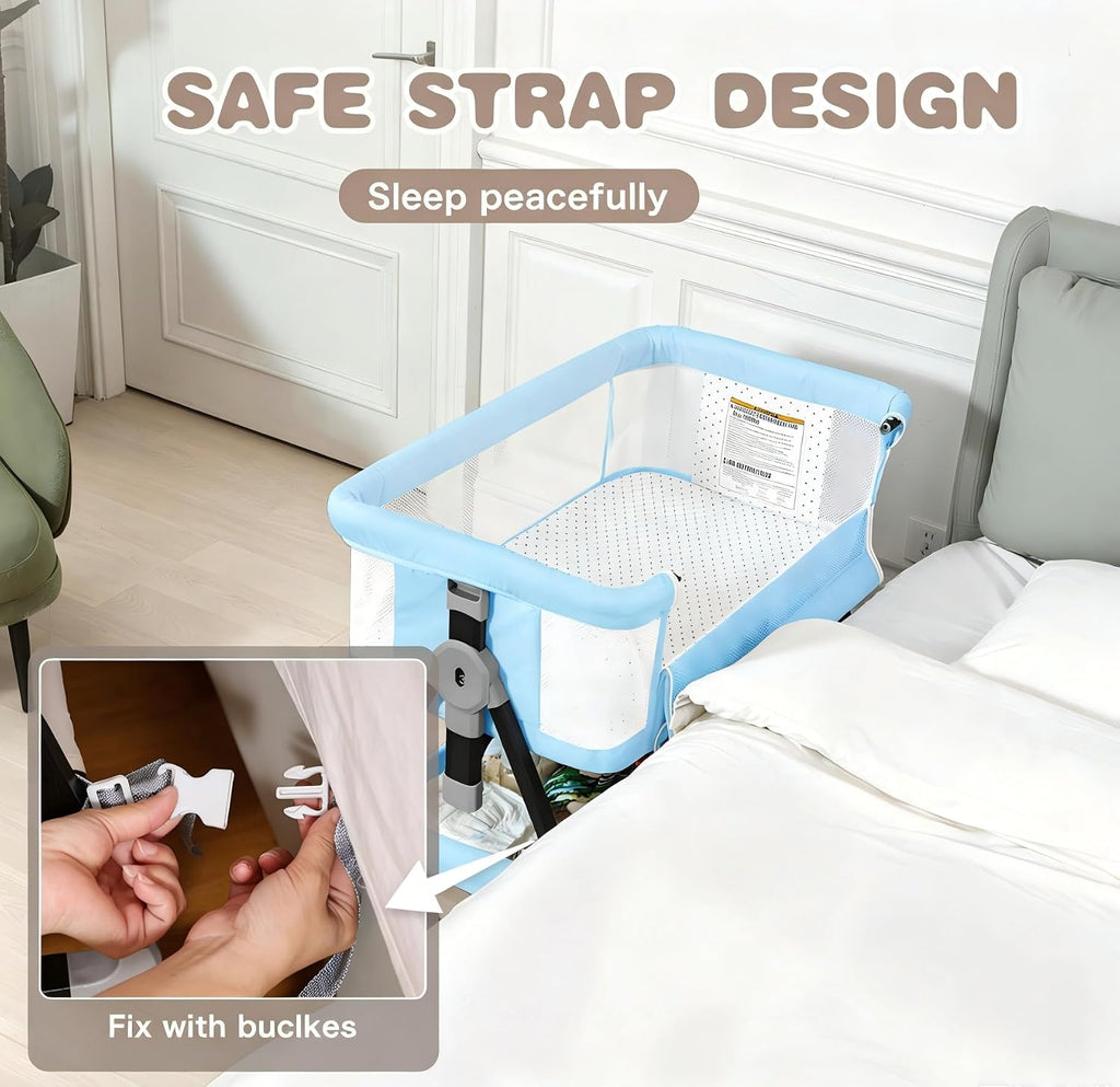 Baby Bassinets Bedside Sleeper with Wheels and Mattress, Cosleeping Baby Bed with Storage, Co-Sleeper Bassinet Attach to Bed, Bed Side Crib with Breathable Mesh, Height Adjustable (Blue)