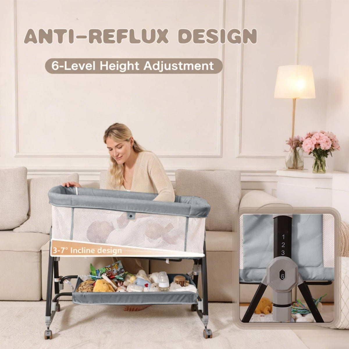 Baby Bassinets Bedside Sleeper with Wheels and Mattress, Cosleeping Baby Bed with Storage, Co-Sleeper Bassinet Attach to Bed, Bed Side Crib with Breathable Mesh, Height Adjustable(Gray)