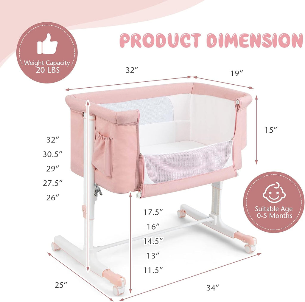 BABY JOY Bassinet Bedside Sleeper, 3 in 1 Folding Crib w/Adjustable Height, Mattress, Lockable Wheels, Storage Pocket & Carry Bag for Infant Newborn, Stationary & Rock, Portable Baby Bassinet (Pink)