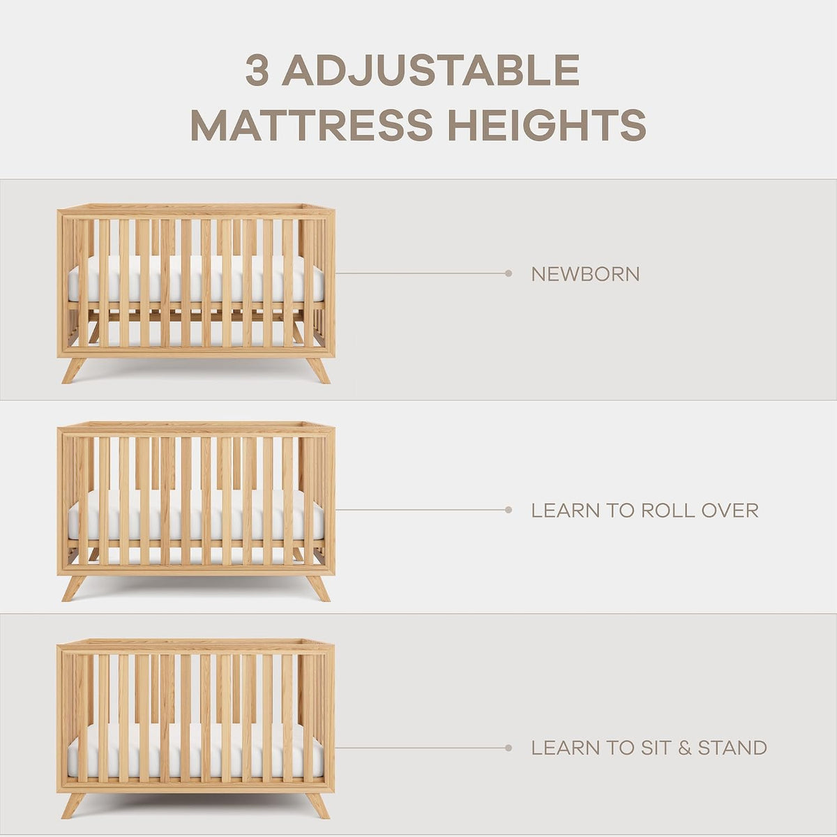 Comfy Cubs Baby Crib for 0 to 3 Years - Adjustable Mattress Height, Natural Wooden Crib for Baby, Elegant Nursery Furniture - 80 lbs Capacity Nursery Bed - Natural Wood