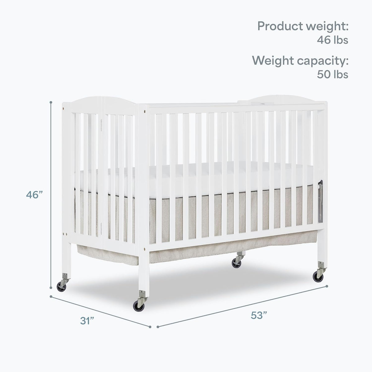 Dream On Me Folding Full Size Convenience Baby Crib with Durable Metal Wheels, Portable Space-Saving Design, 2 Adjustable Heights, Easy Fold Flat Storage, GREENGUARD Gold & BSA Certified, White