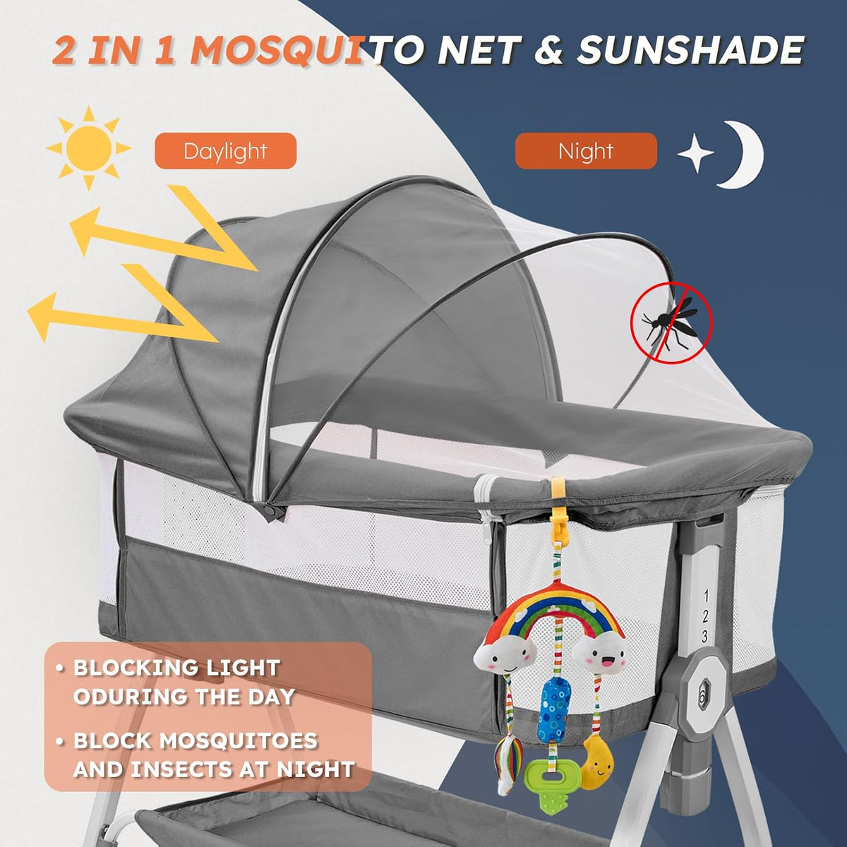 4-in-1 Baby Bassinet with Wheels, 6 Height Settings, Gray