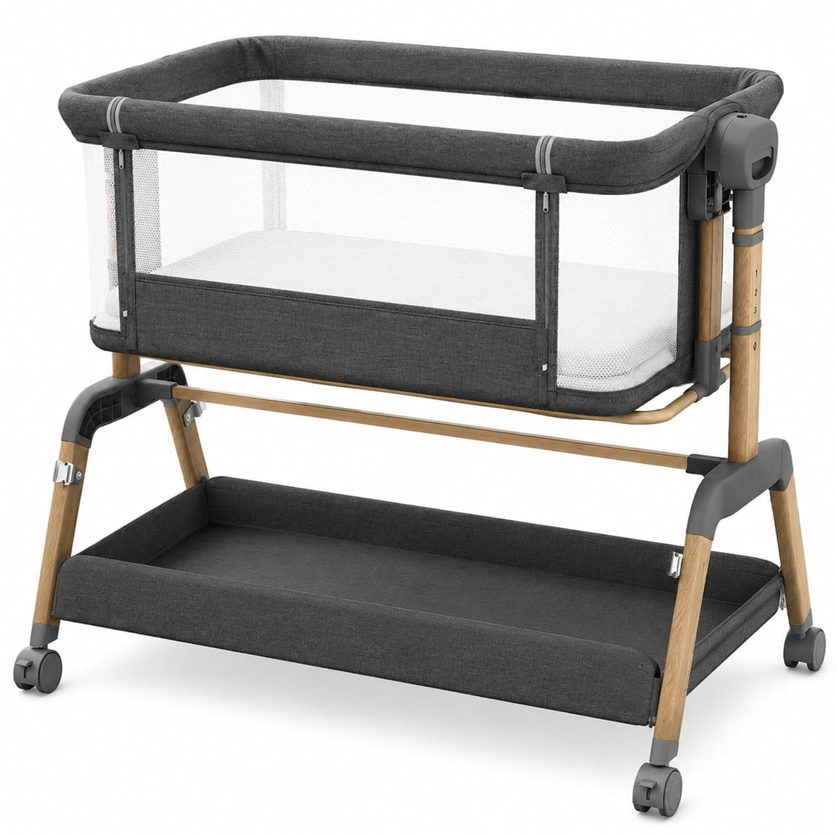 3 in 1 Baby Bassinet, Bedside Sleeper for Newborn, 7-Level Height Adjustable, Rocking Bassinet with Breathable Mesh, Lockable Wheels & Large Storage Space, Portable Baby Crib（Dark Gray）
